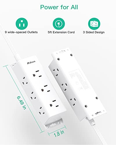 Surge Protector Power Strip - 9 Widely Spaced Multi Outlets, Wall Mount, 3