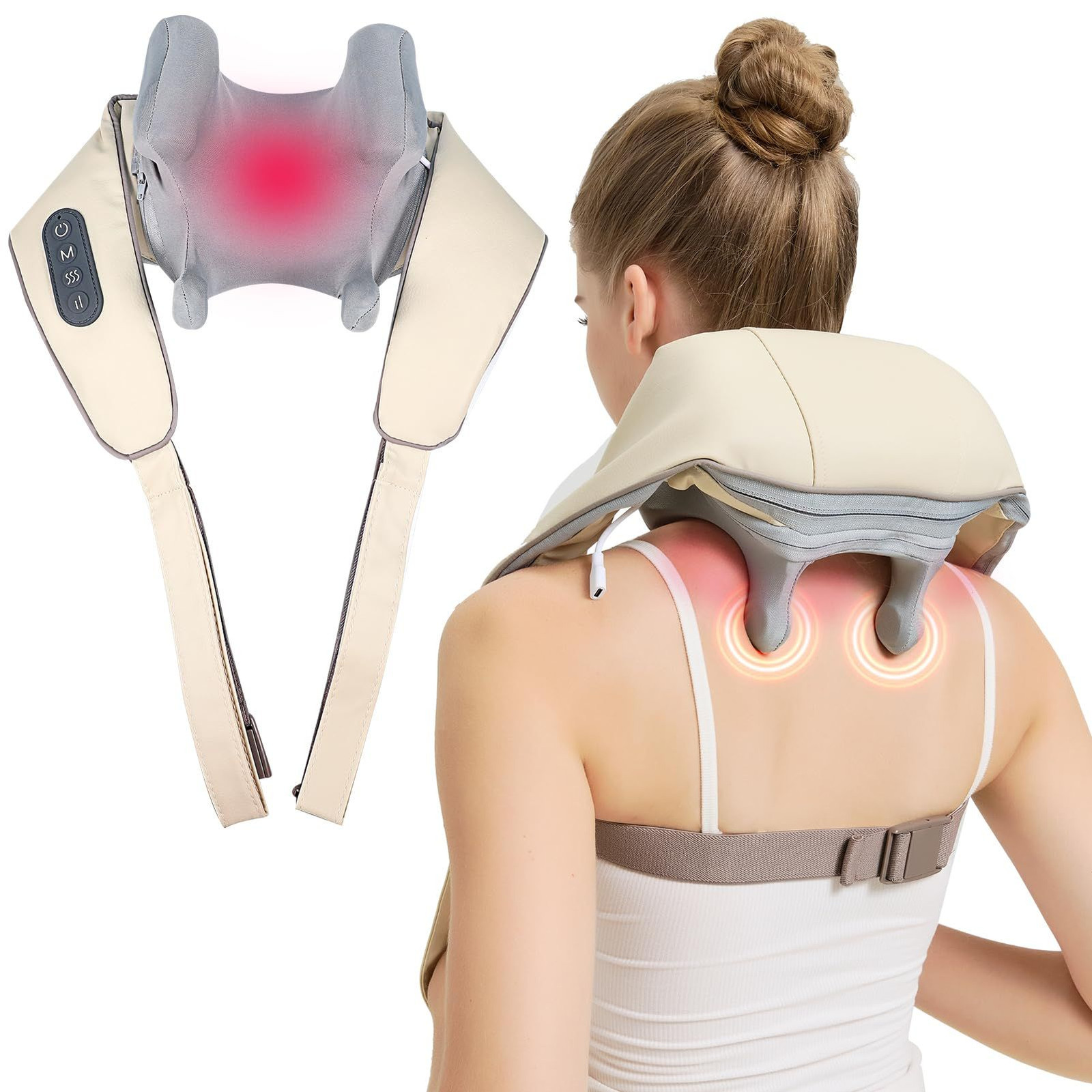 Mgfdget Wireless 4D Shiatsu Neck Massager with Heating Function, Off White
