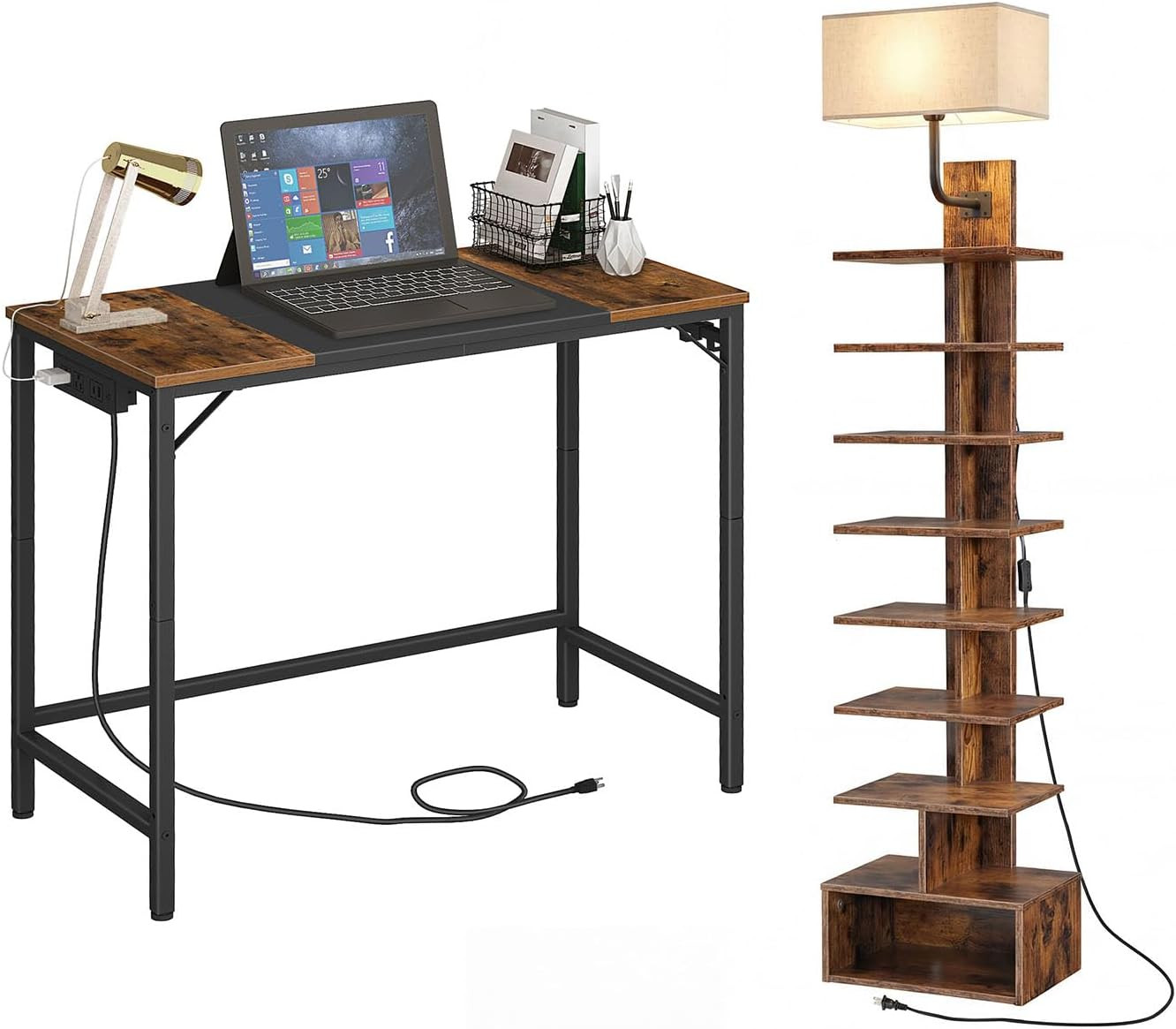 Computer Desk and Narrow Bookshelf Bundle, Modern Study Writing Desk, Corner Boo