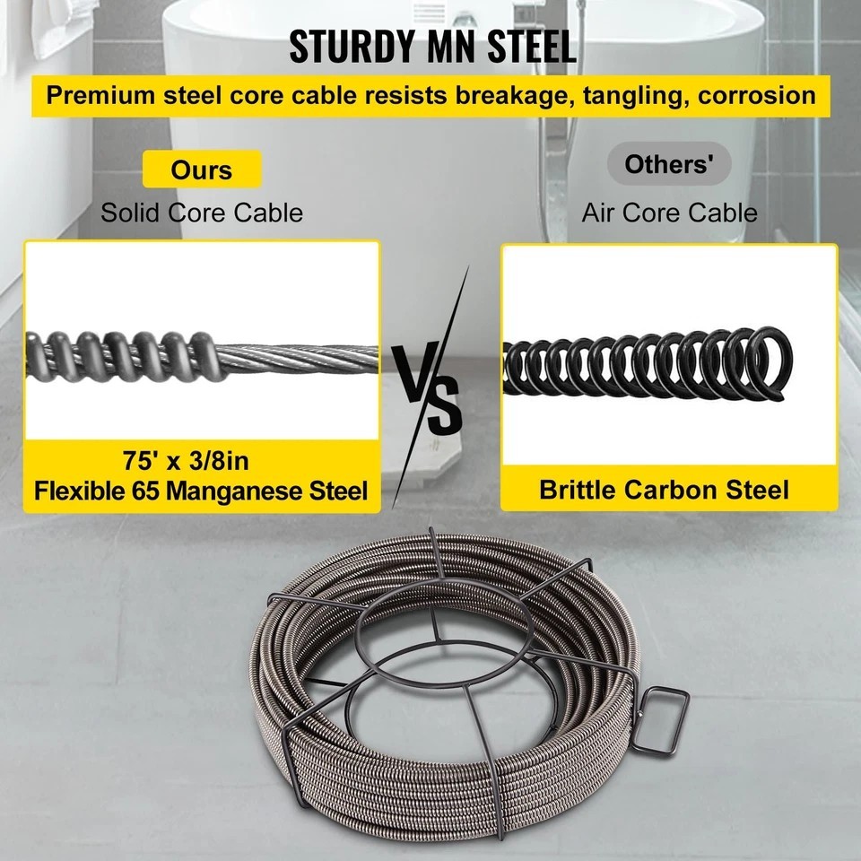 Drain Auger Cable 75ft 3/8" Drain Cleaning Cable Snake Sewer Pipe Cleaner
