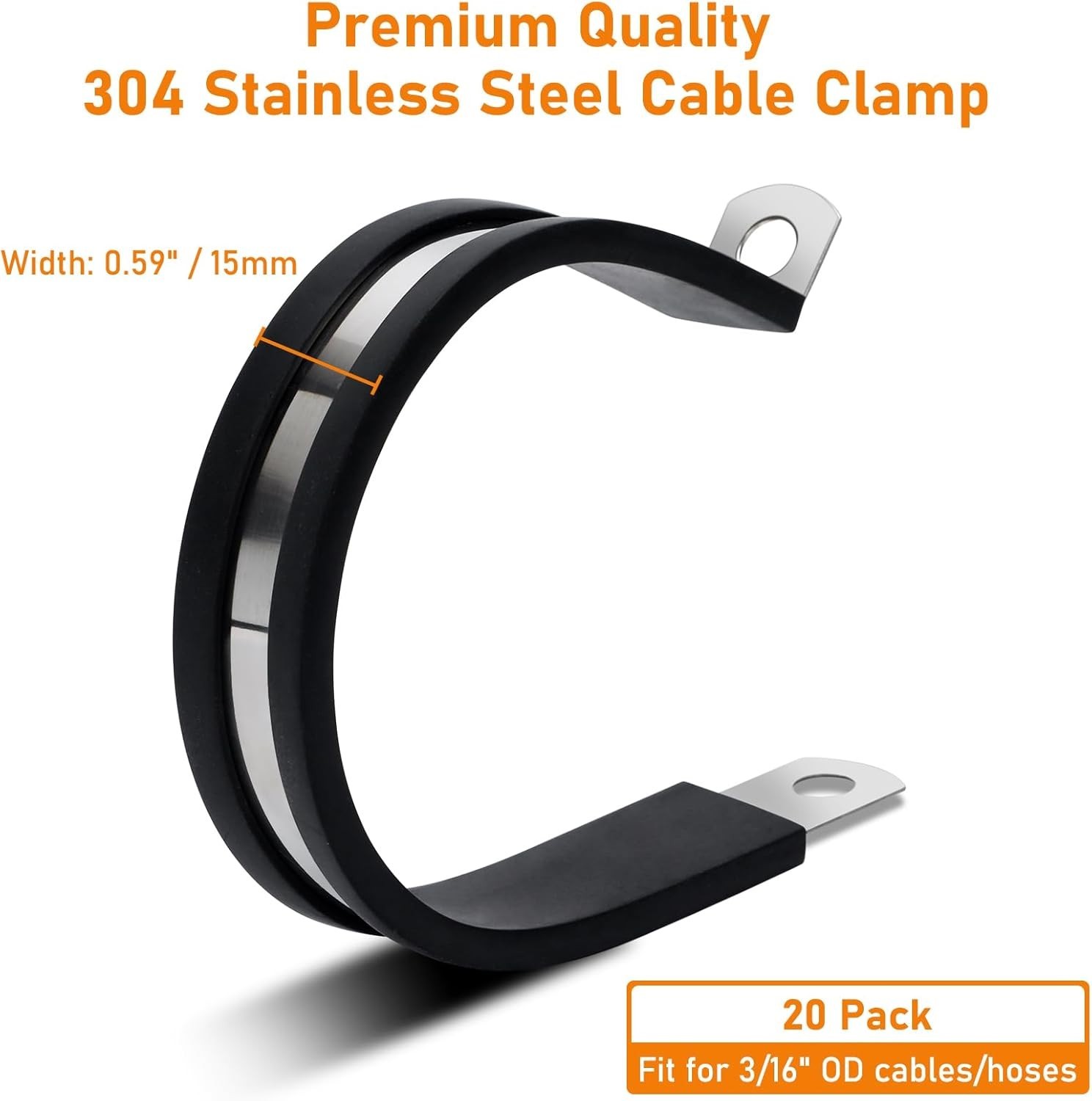 20 Pack 3/4 Inch Cable Clamp, 304 Stainless Steel Cable Clamps, Rubber Cushioned
