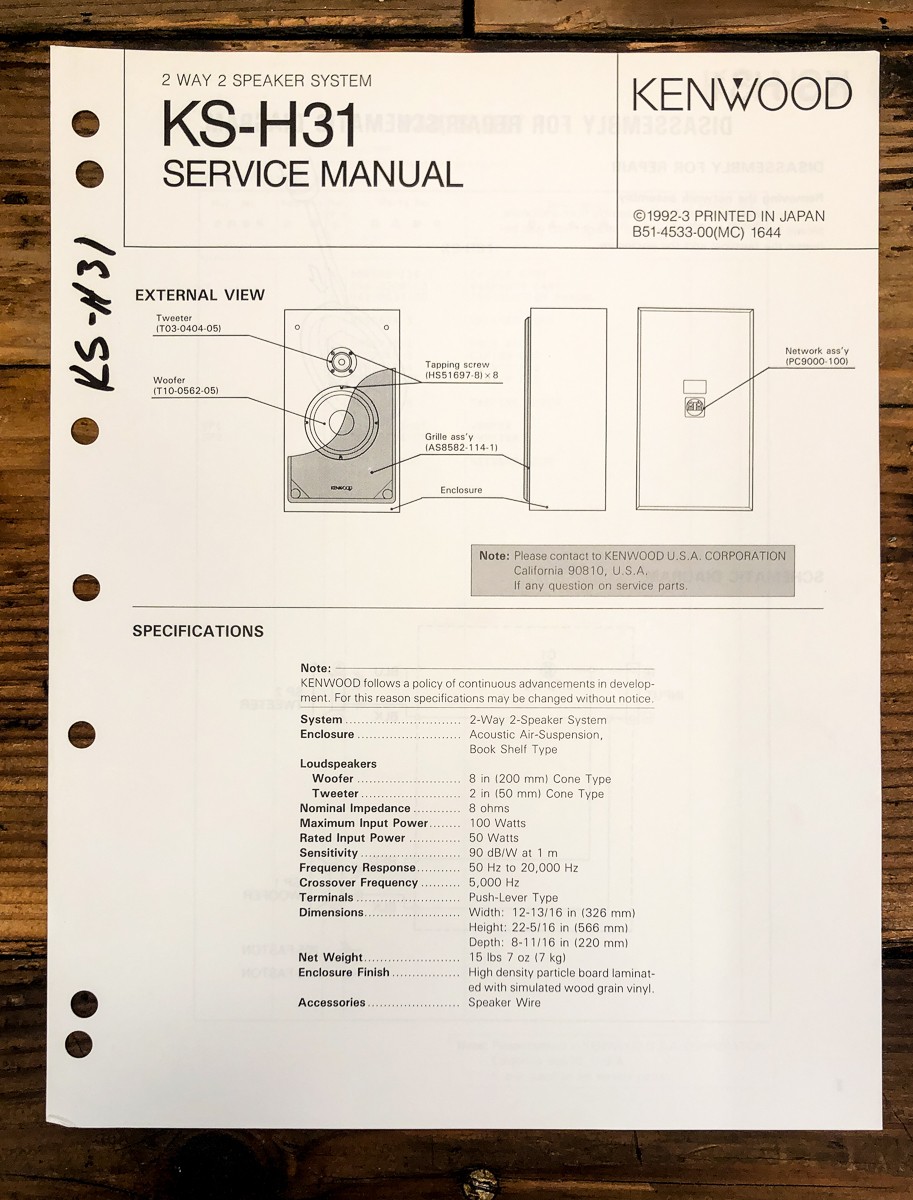 Kenwood KS-H31 Speaker Service Manual *Original*