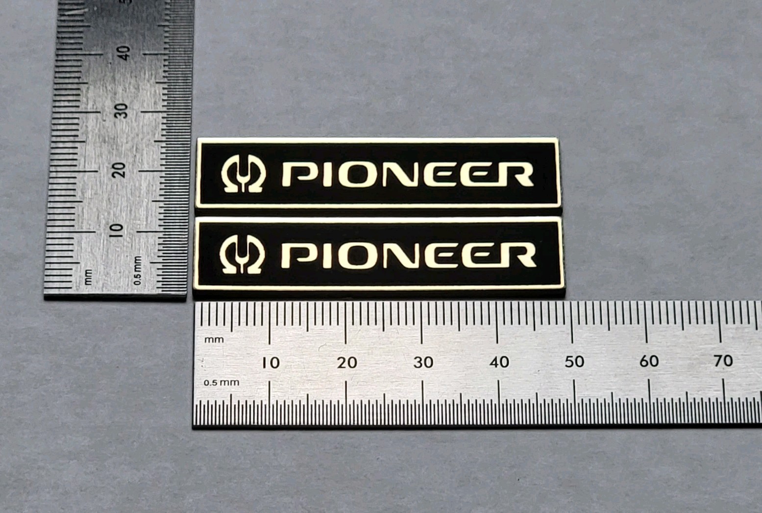 Pioneer Speaker Badge Logo Emblem Brushed Gold Pair With Self Stick Adhesive