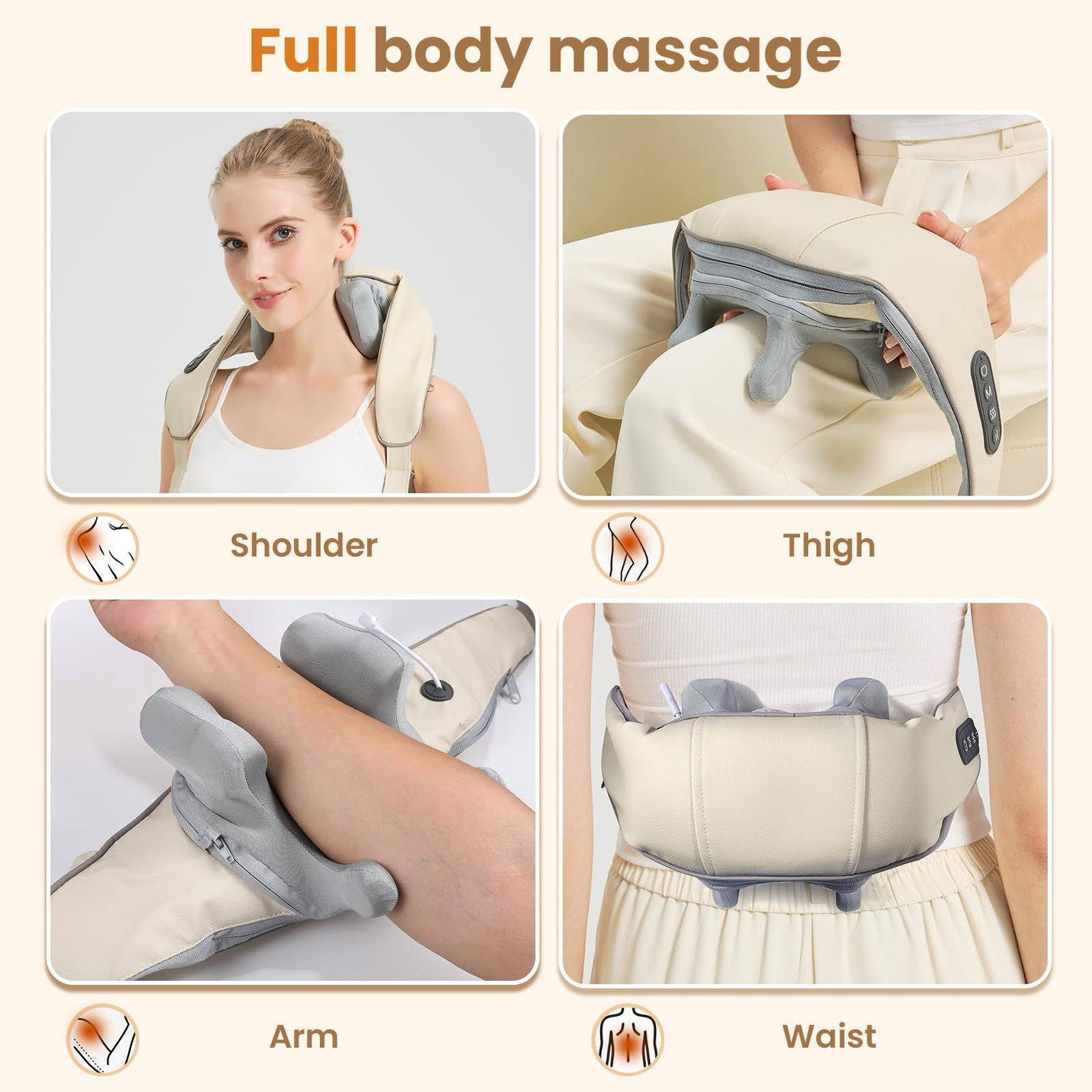 Mgfdget Wireless 4D Shiatsu Neck Massager with Heating Function, Off White