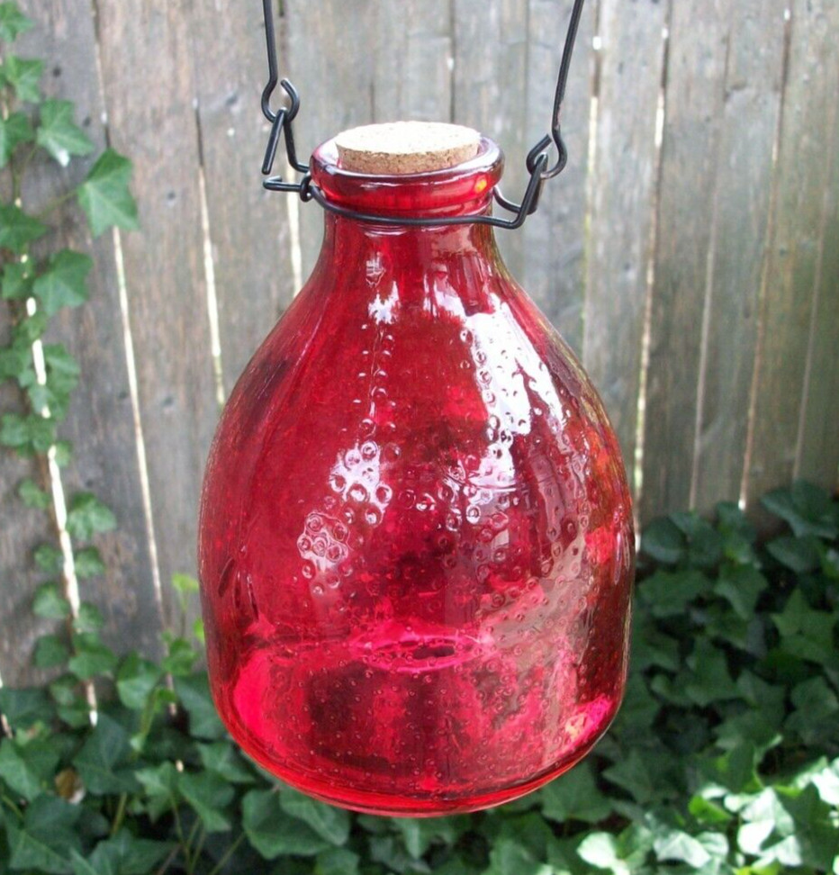 Glass Insect Bug Trap Catcher Jar Hornet Wasp Bee HTF RED PITTED GLASS Art Deco