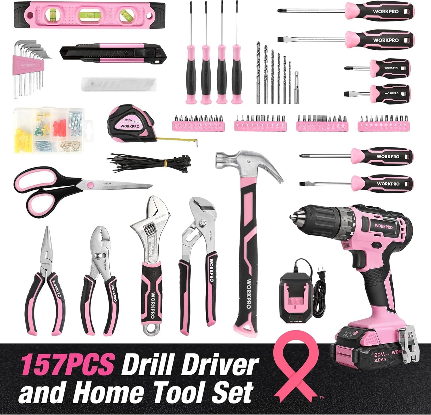 Pink Tool Kit with Drill, Tool Set with 20V Cordless Lithium-ion Drill Driver...