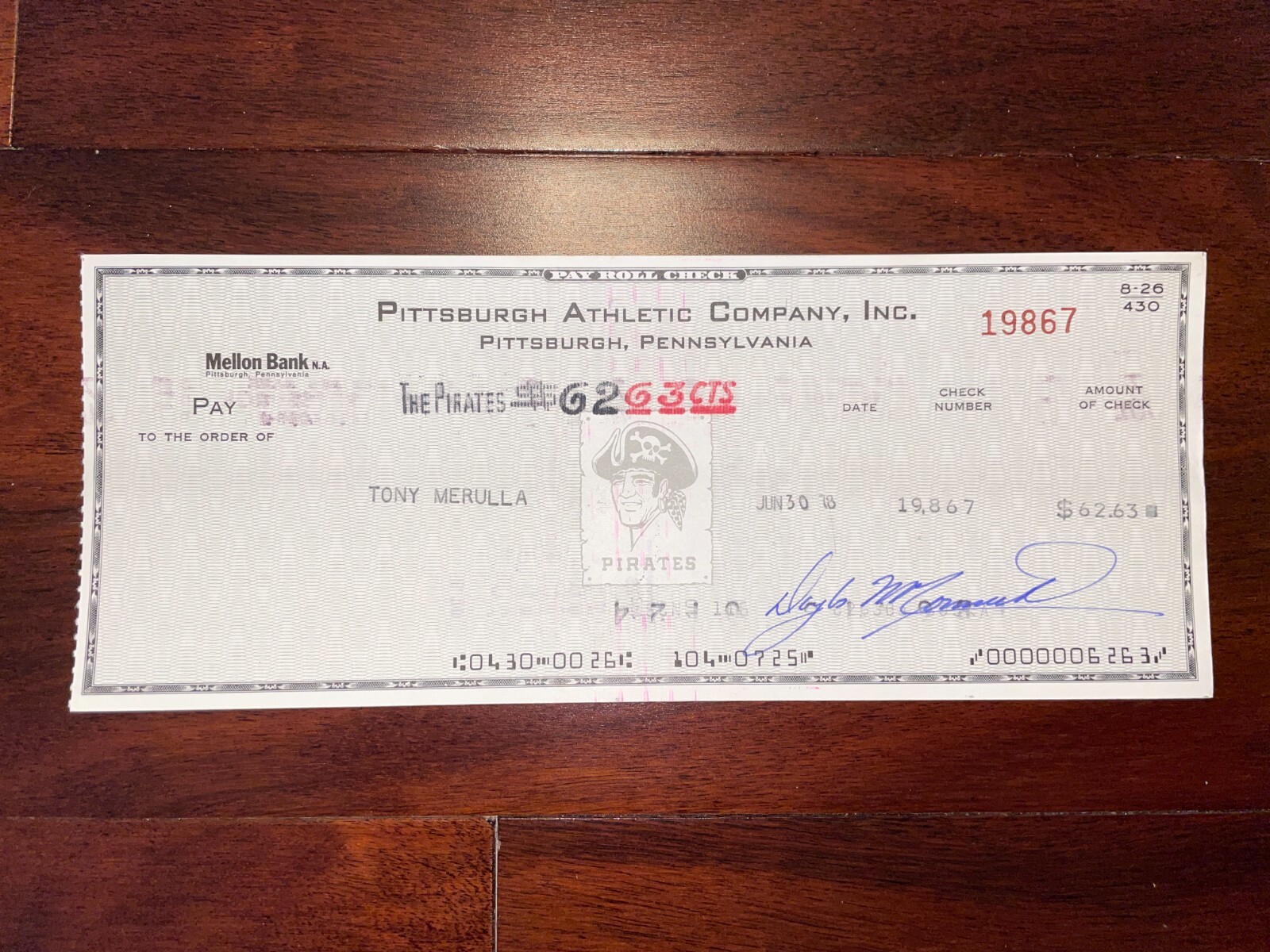 1978 Pittsburgh Pirates: Payroll Check: Tony Merulla -Catcher