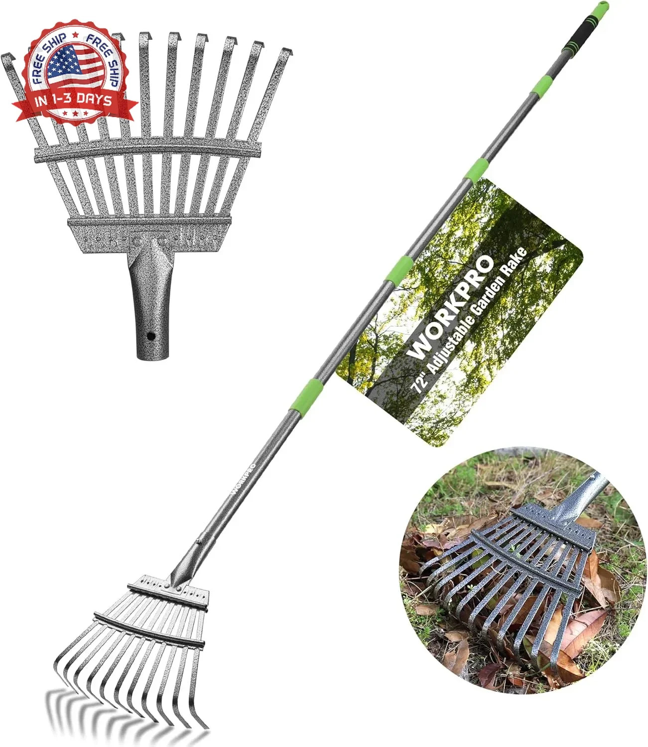Rake, Small Rake for Leaves with 72" Adjustable Long Handle, 11 Steel Ti