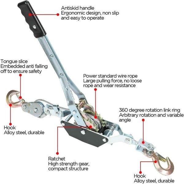 UK 2 Ton Dual Gear Power Puller Heavy Duty 2 Hook Cable Puller Hand Winch Turfer