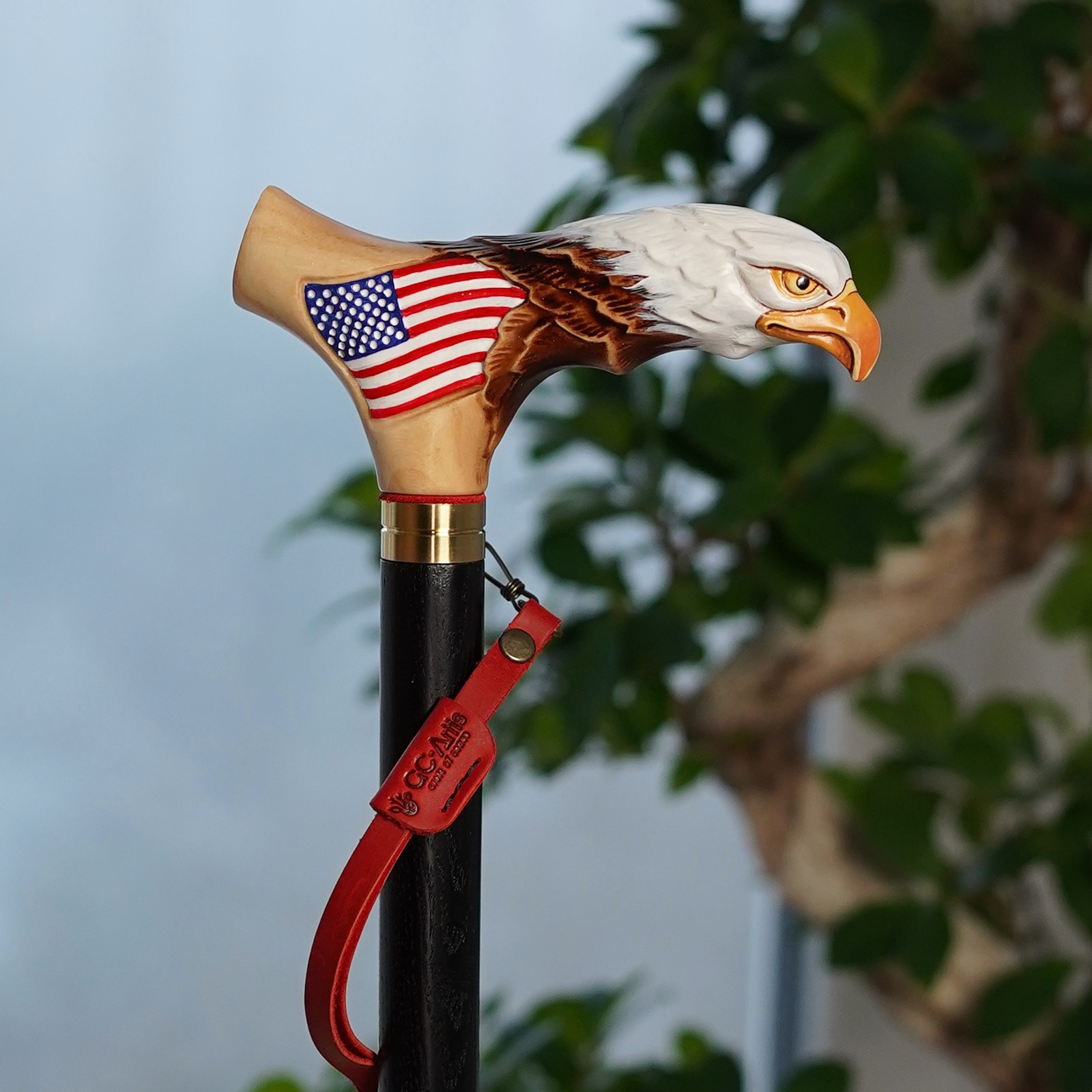 Wooden Walking Stick Cane American Bald Eagle Gift for US Patriots and Veteran