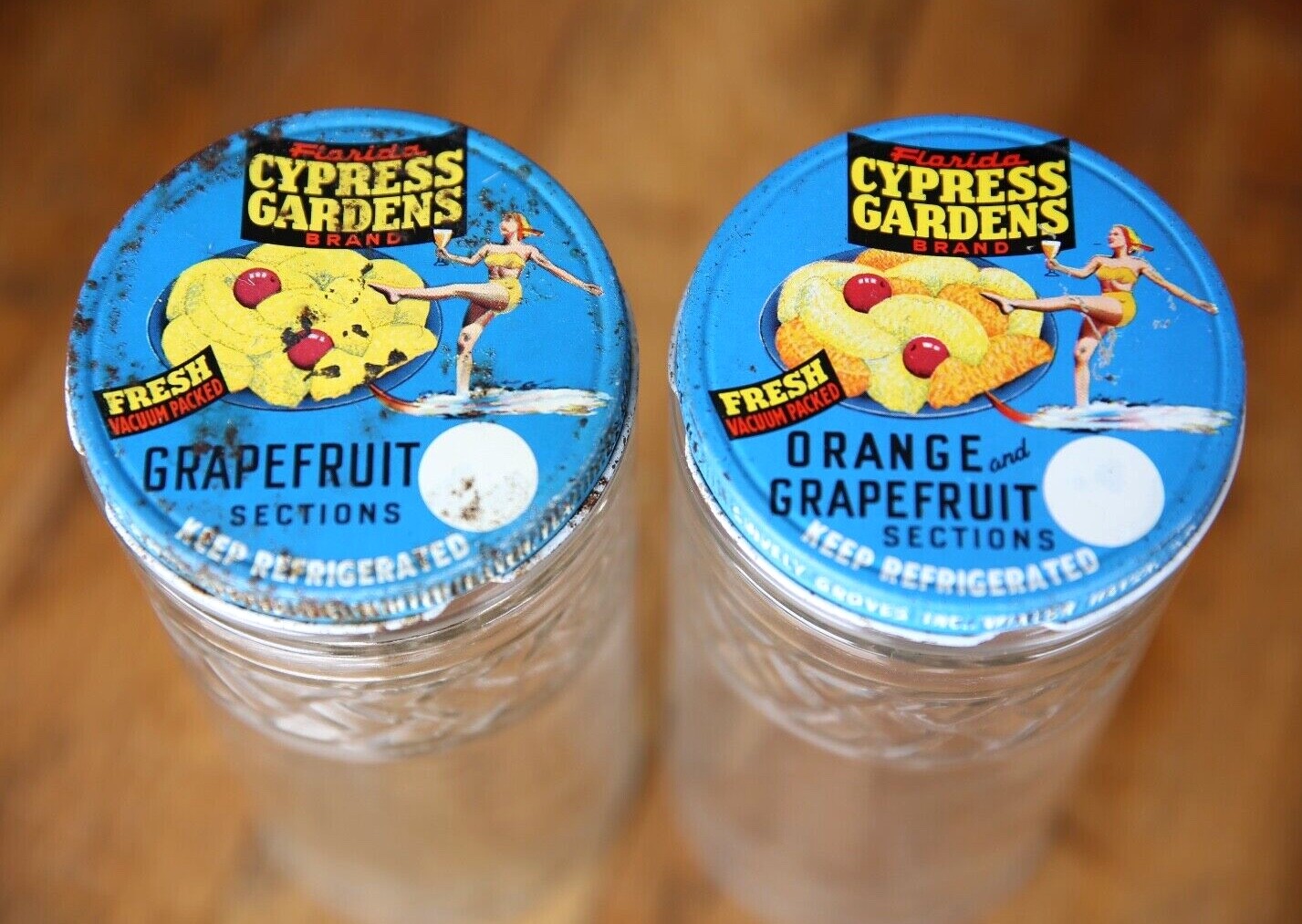 Vintage Cypress Gardens Water Skis Tin advertising Lids Glass Fruit Jars Kitchen