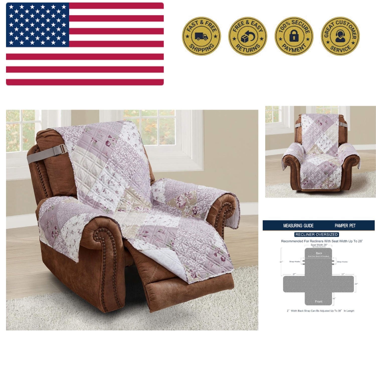 Lilac and Beige Rose Patchwork Quilted Large Recliner Slipcover, 28" Seat Wid...