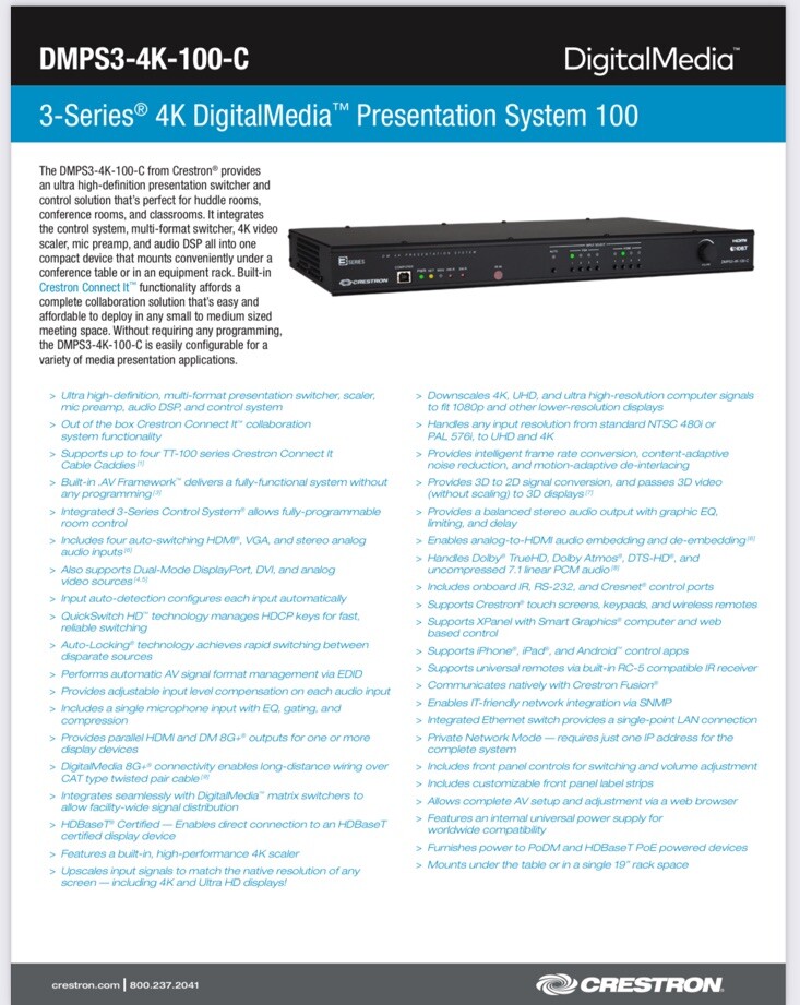 Crestron DMPS3-4K-100-C 3-Series Presentation System 100 4K DigitalMedia