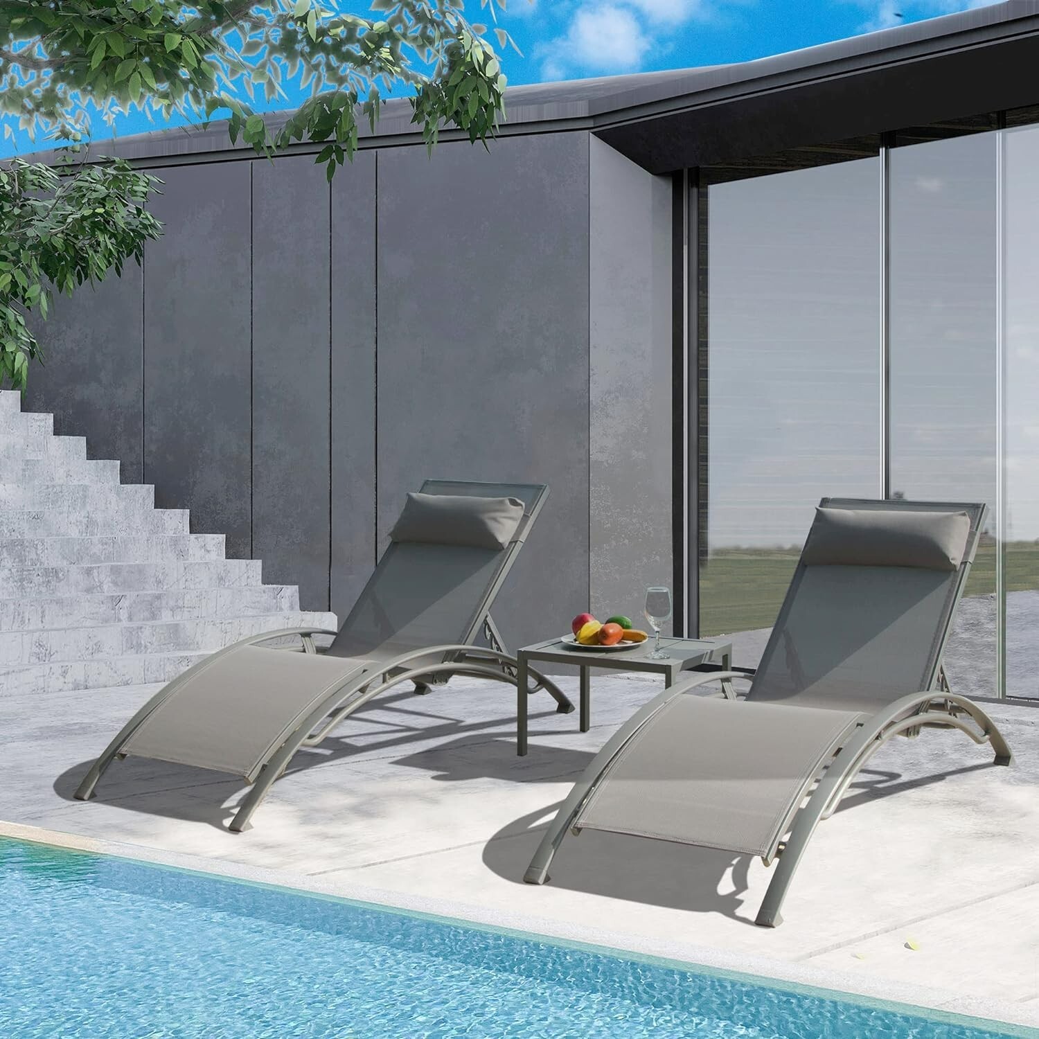 Outdoor Chaise Lounge Set of 3 Patio Chairs w/Adjustable Backrest,Gray