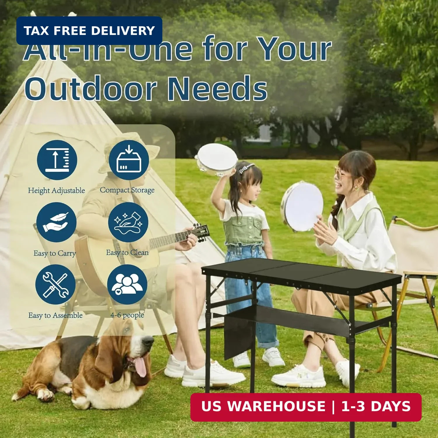 Folding Camping Table with 3 Adjustable Height, 3ft Foldable Aluminum Cam
