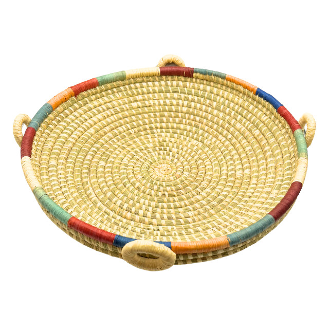 Vtg Handwoven Rwandan Banana Stalk & Sisal Basket with Four Ring Handles 12"