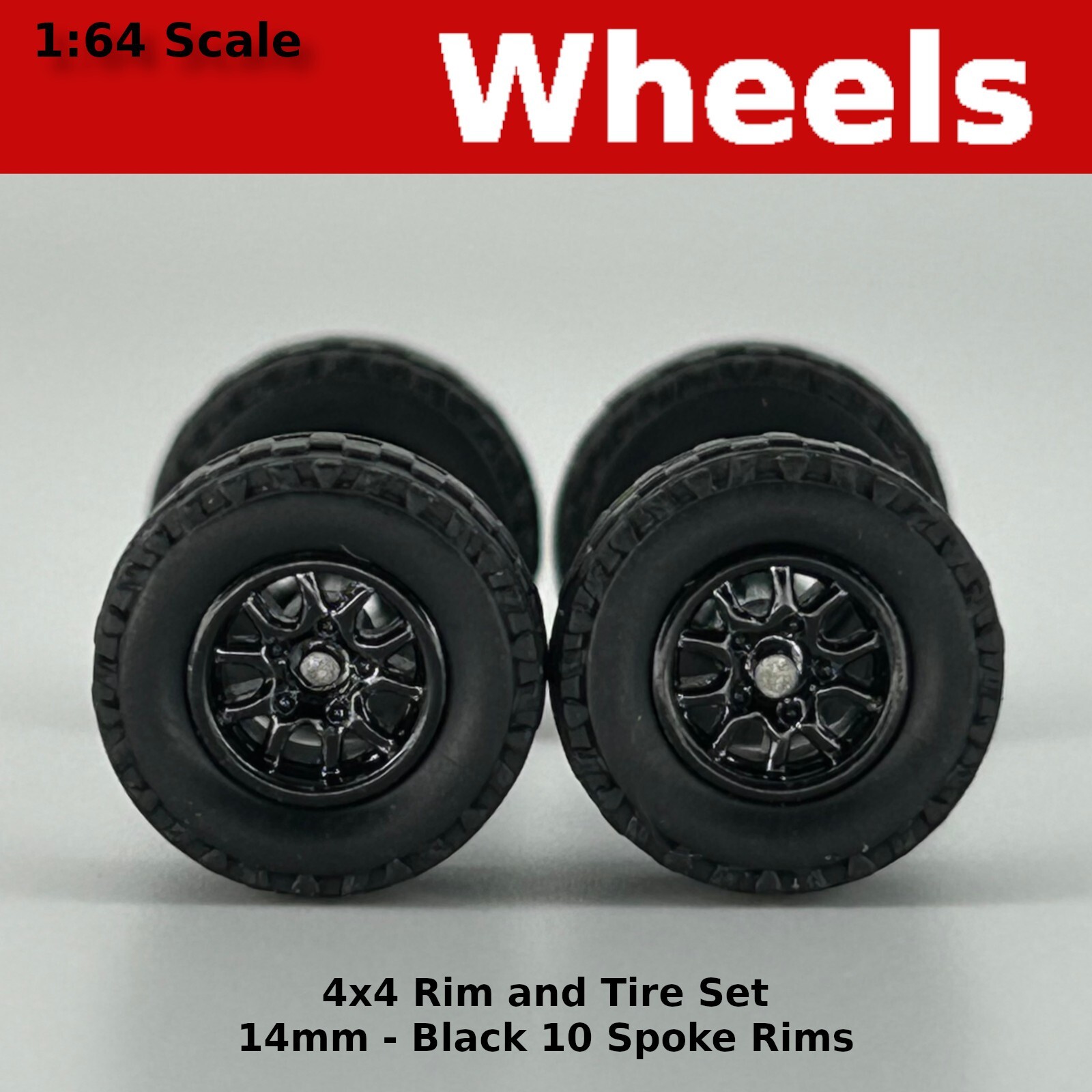 14mm 4x4 Truck Tire Sets - Black Blackwall 10 spoke for Hot Wheels