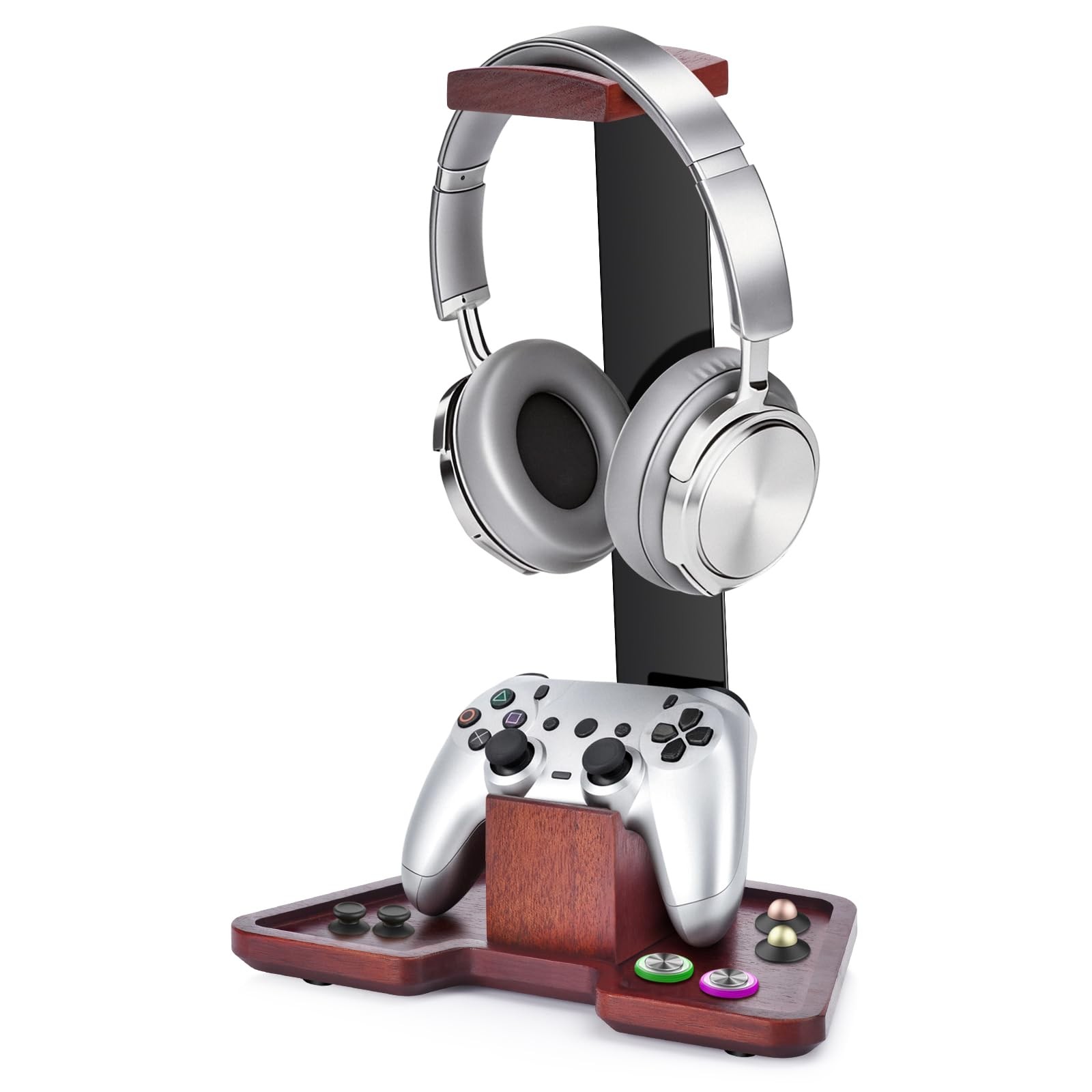 Headset Stand with Gaming Controller Holder, Walnut Wood Headphone Stand with...