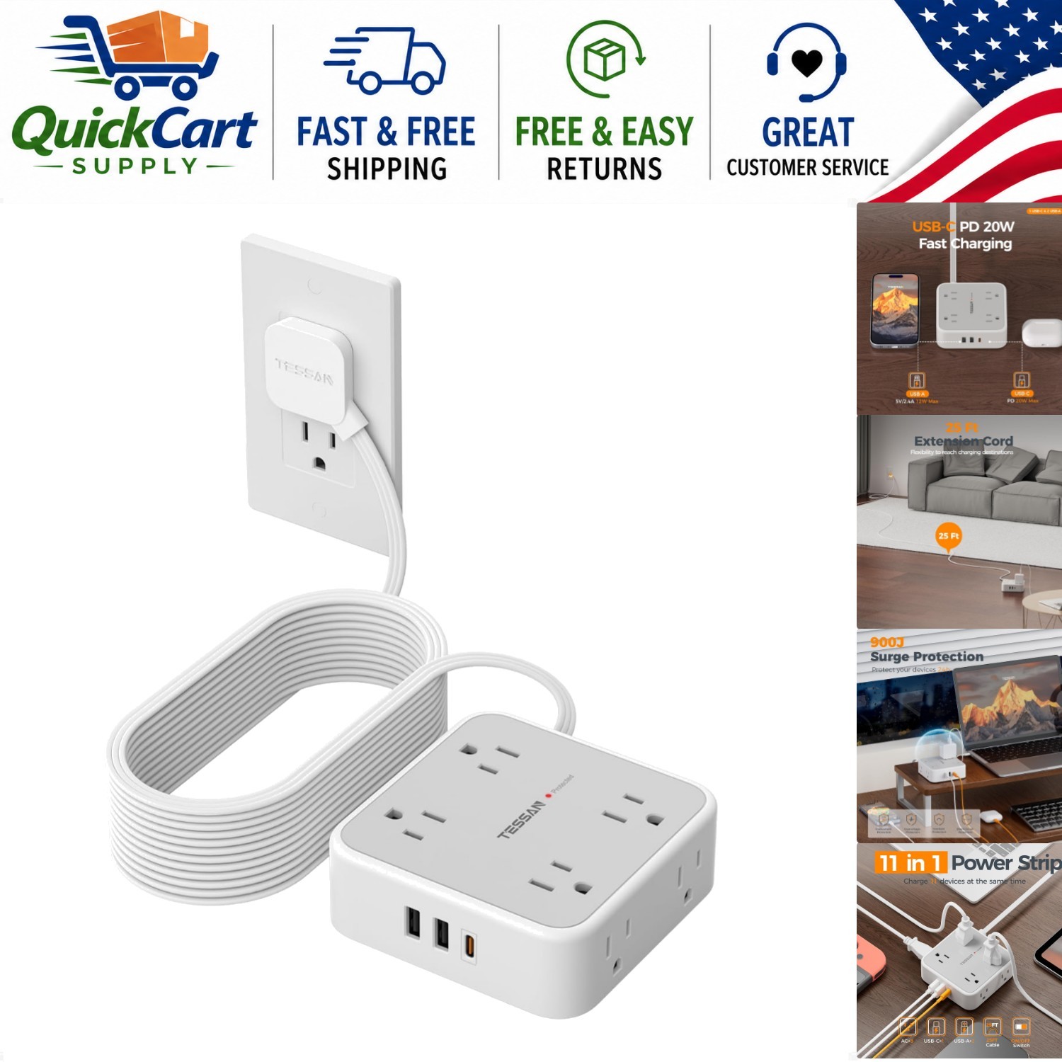 Compact Grey Power Strip 25 Ft with 900J Surge Protection & USB Charging Ports