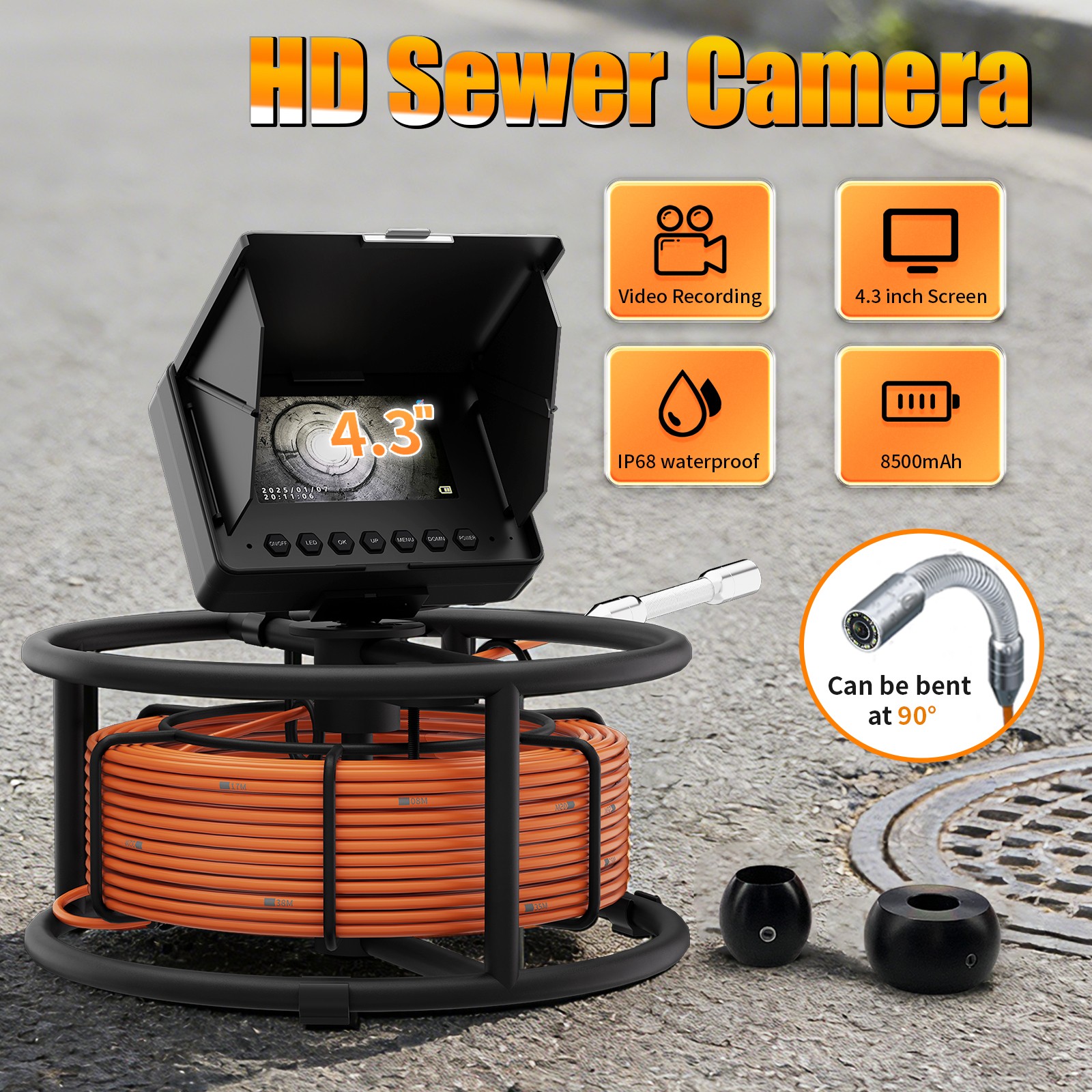 30M Sewer Pipe Inspection Video Camera, 18mm Drain Sewer Endoscope 4.3" Monitor