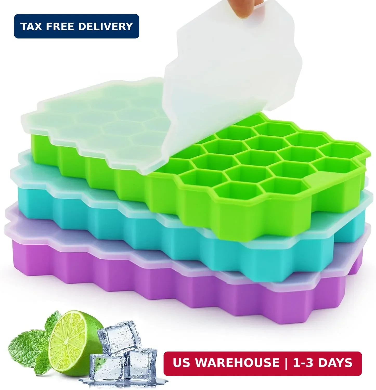 Ice Cube Trays for Freezer, 3 Pack Ice Cube Tray with Lid, Silicone Ice Cub