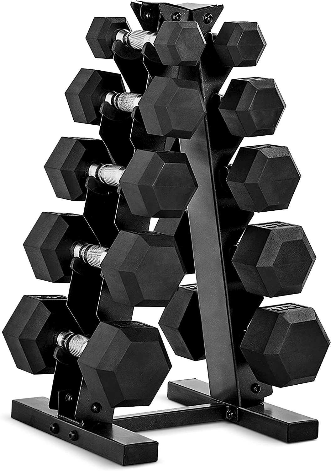 Rubber Coated Hex Dumbbell Set with Storage Rack | 100–210 Lb Options, Space-Sav