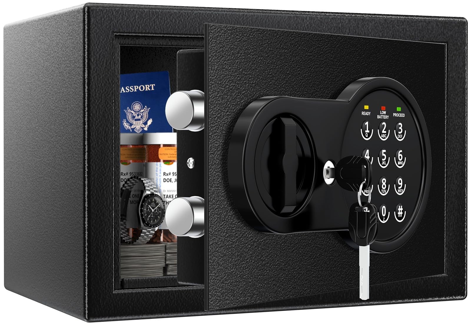 Fireproof Waterproof Safe Box with Keys & Passcode, Wall Mount, Smart Alert Syst