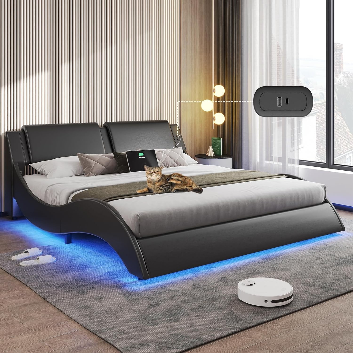 Queen Bed Frame with Led Lights,Charging Ports,Faux Leather Upholstered Beds