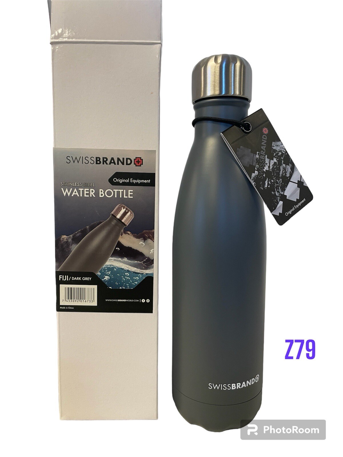 SwissBrand 16oz water bottle stainless steel FIJI /dark Grey New Free Shipping