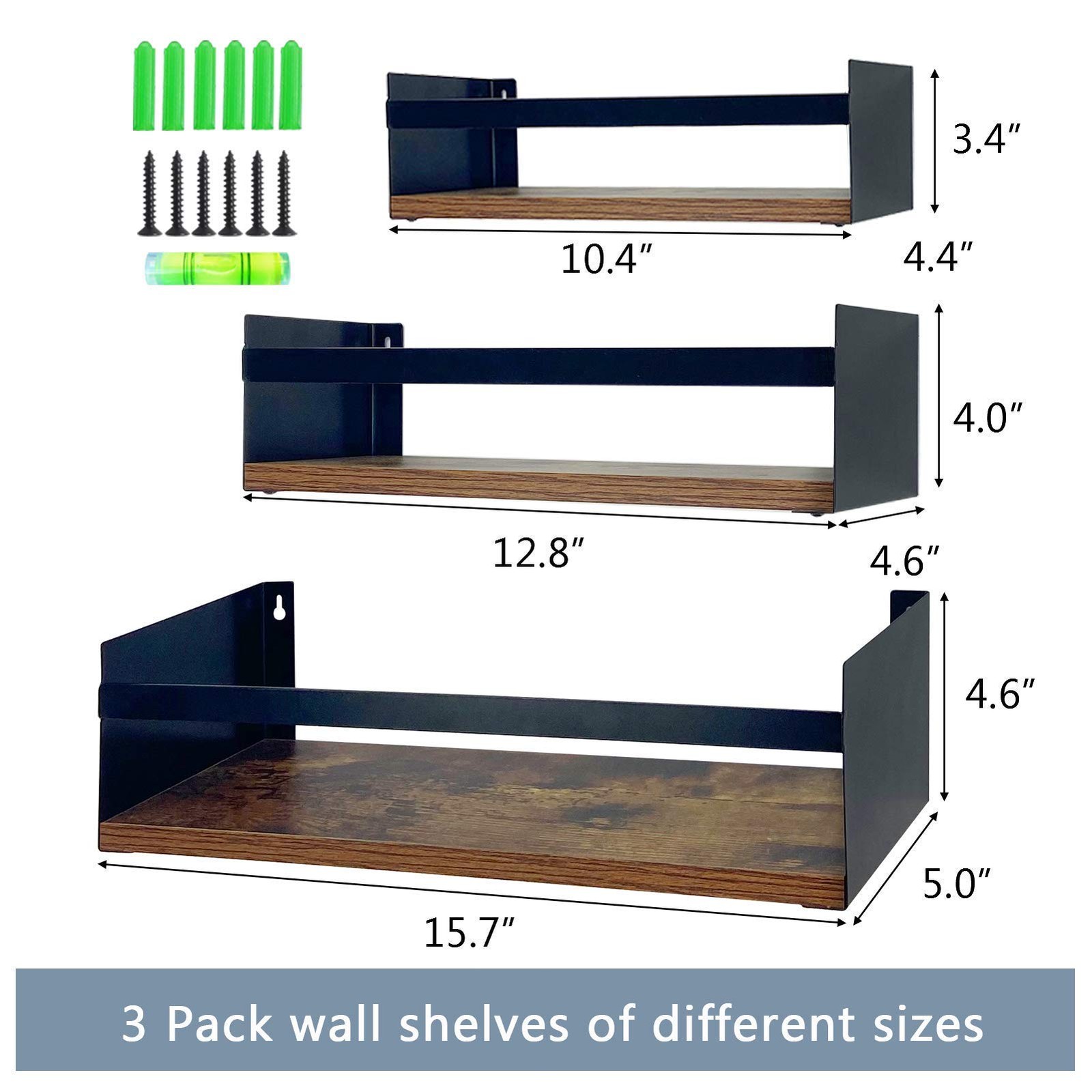 Black Floating Shelves for Wall Set of 3, Industrial Thick Wall Shelf Rack wi...