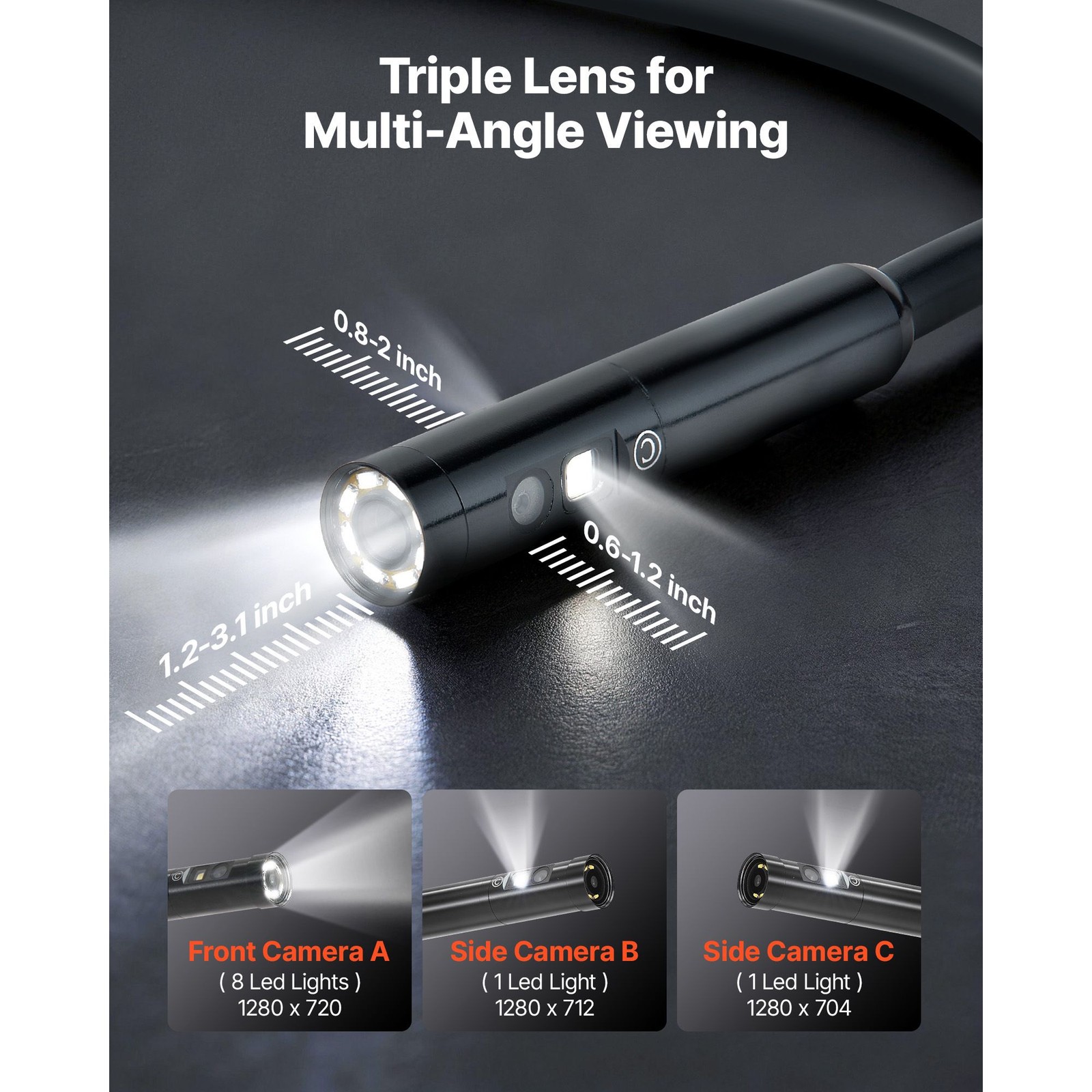 Rigid-Cable Borescope: Triple Lens, 5" HD IPS, 8X Zoom, IP67, 16.4ft