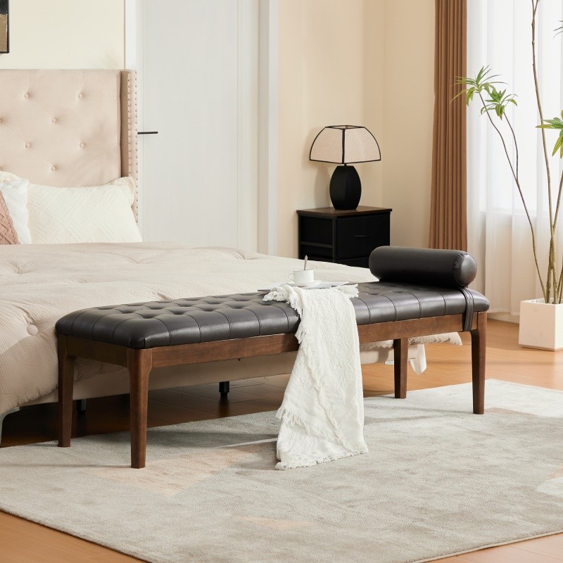 66" Faux Leather Upholstered End of Bed Bench W/Rubberwood Legs Window Bench