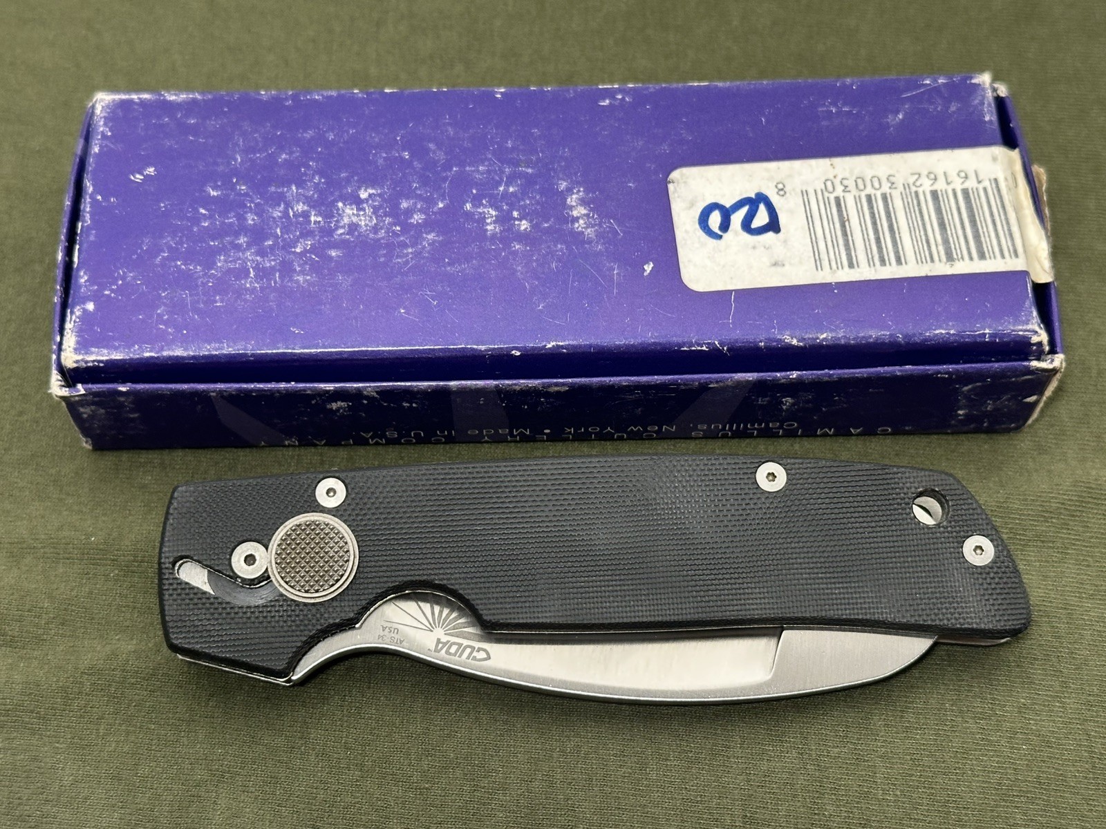 Camillus Vintage USA Made Cuda 3 Rescue Knife ATS-34 Blade, Black G-10 Scales