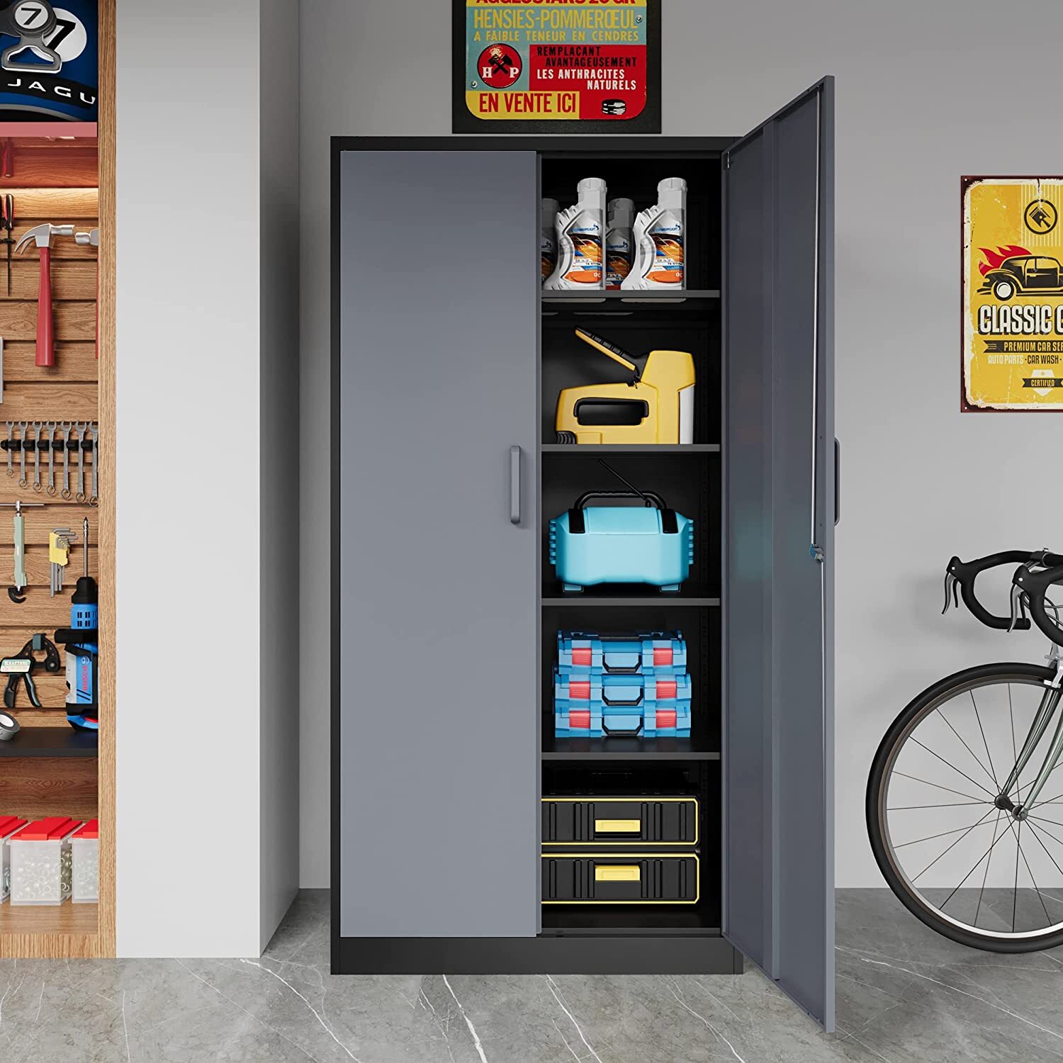 Metal Storage Cabinet with 4 Adjustable Shelves 2 Locking Door for Home Garage