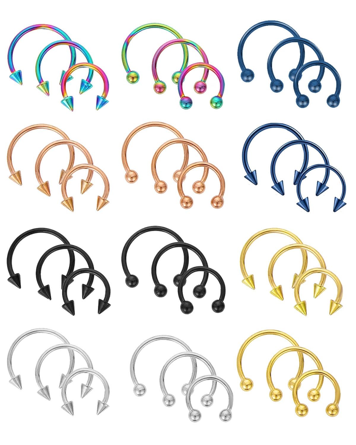 JELIEE 36Pcs 8mm, 10mm, 12mm, Gold,Silver,Black,Rainbow,Rose Gold septum,Blue