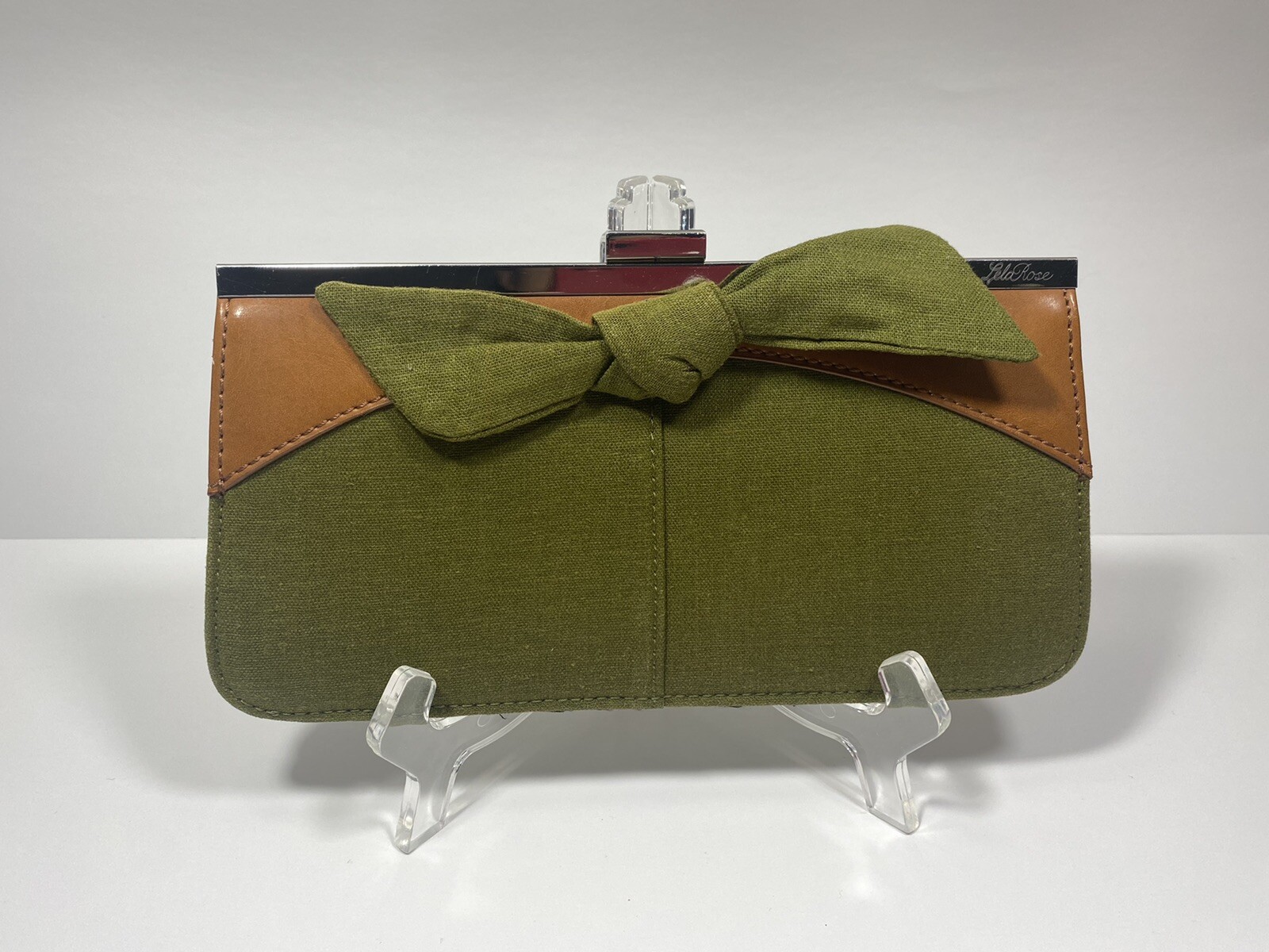Lela Rose Peach Olive Green Fabric W/ Tan Genuine Leather Clutch Bag 9”w 4.5”h