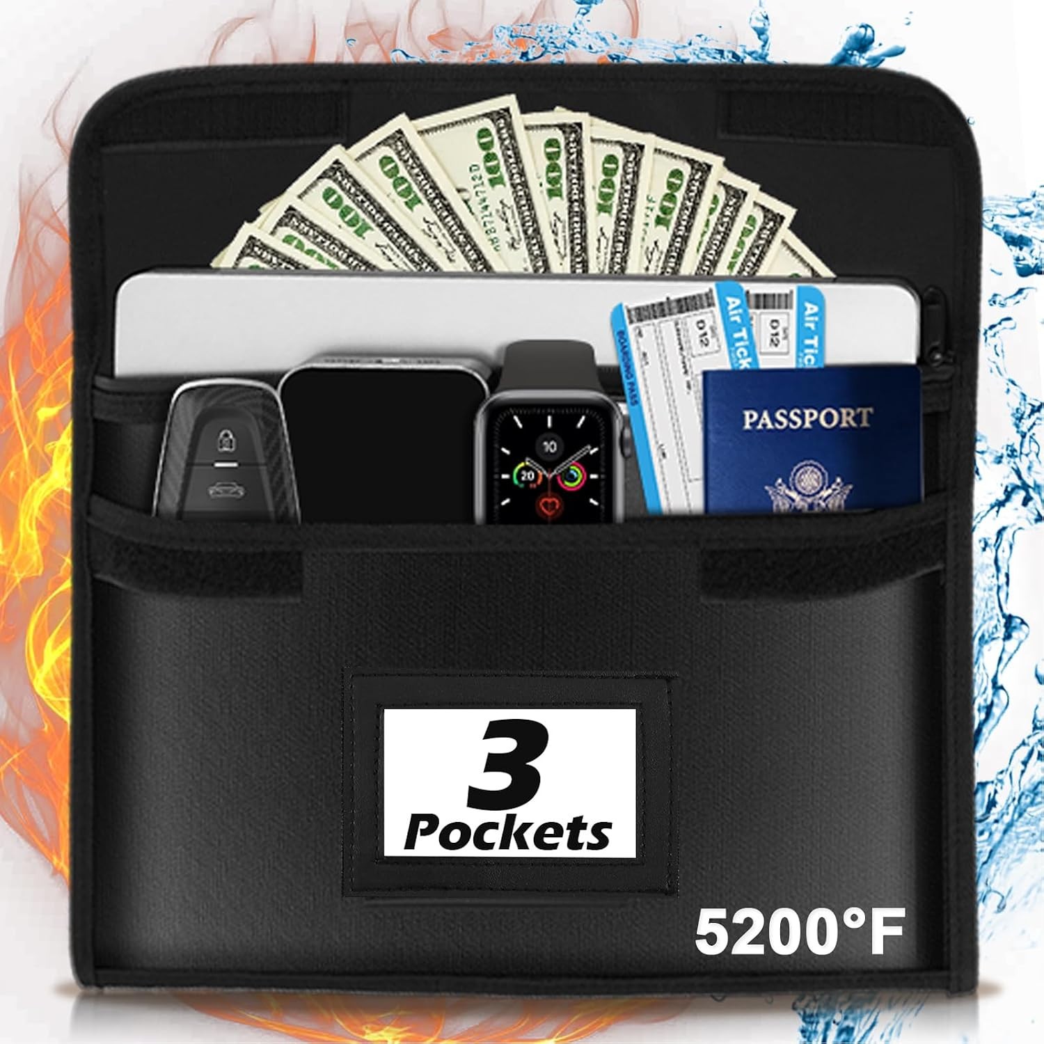 Extra Large Fireproof Document Bag - 5200℉ Fireproof Bag , 3 Pockets 10 X 14 in