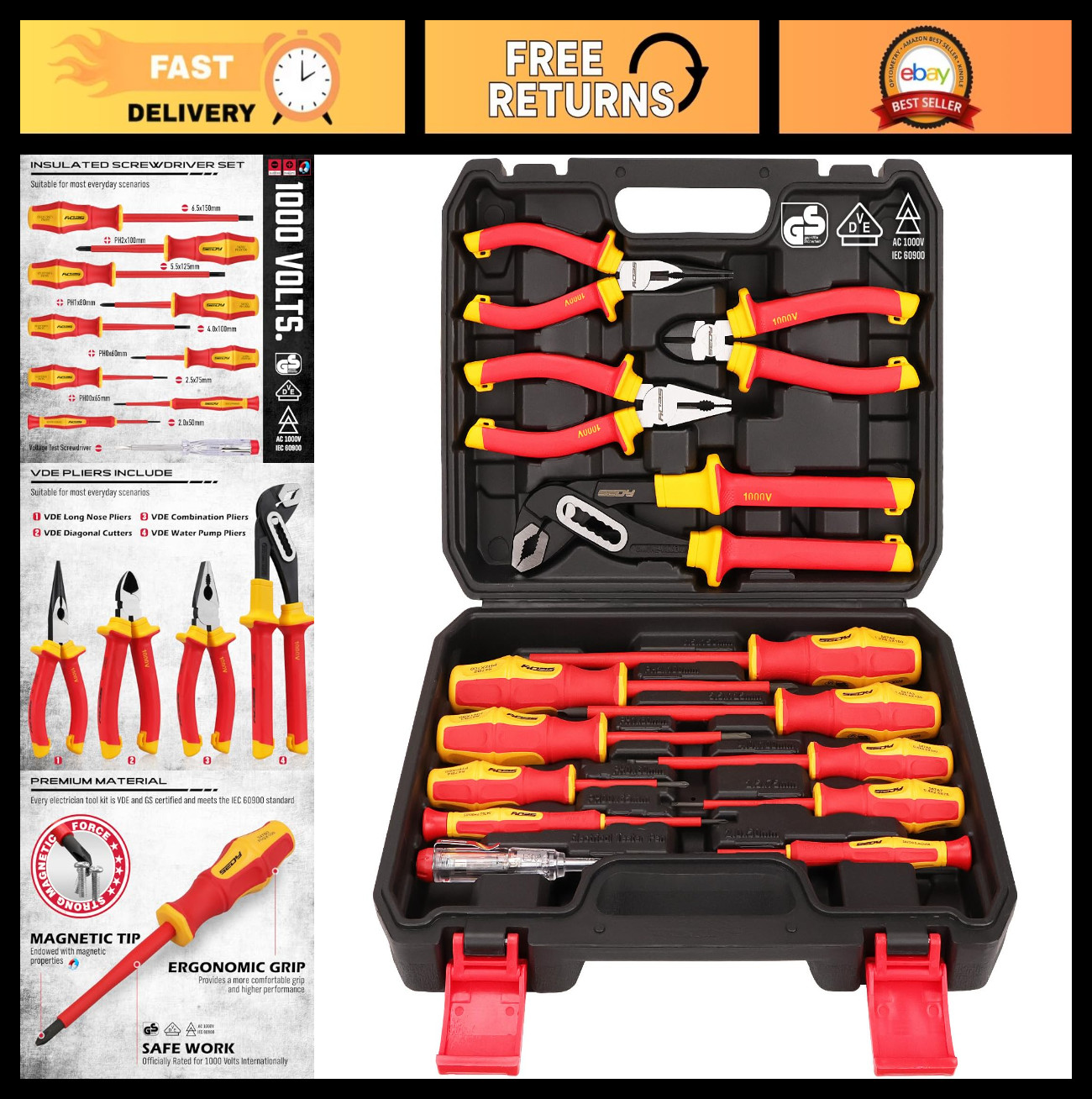 14-Piece Insulated Electrician Tool Set - 1000V VDE Screwdrivers & Pliers, Magne