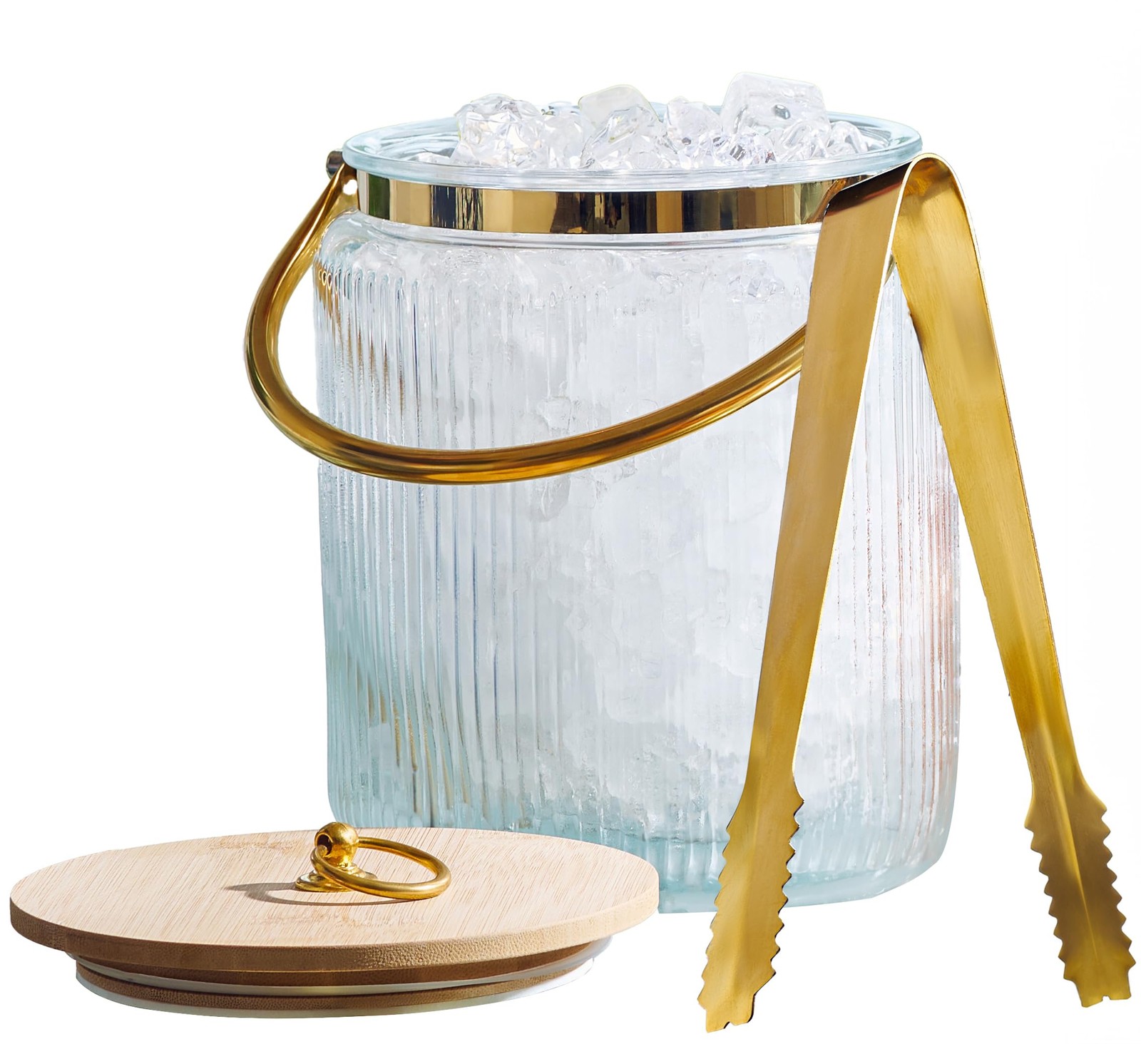 Le'raze Glass Ice Bucket with Airtight Lid, Tong Scooper and Handle  3L Ribbe...