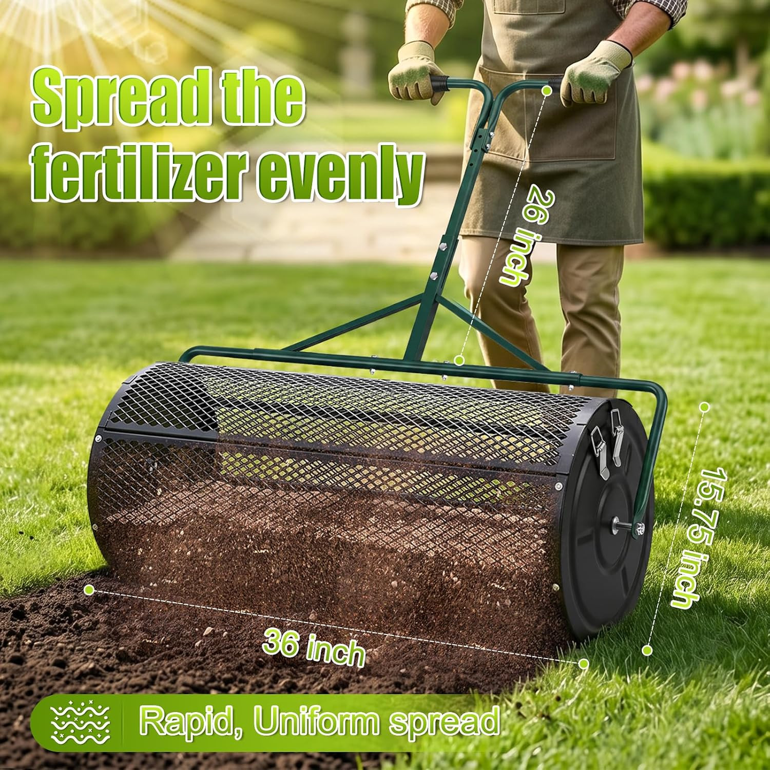 High-Capacity Metal Mesh Drum Compost Spreader with Side-Lock Peat Moss Spreader