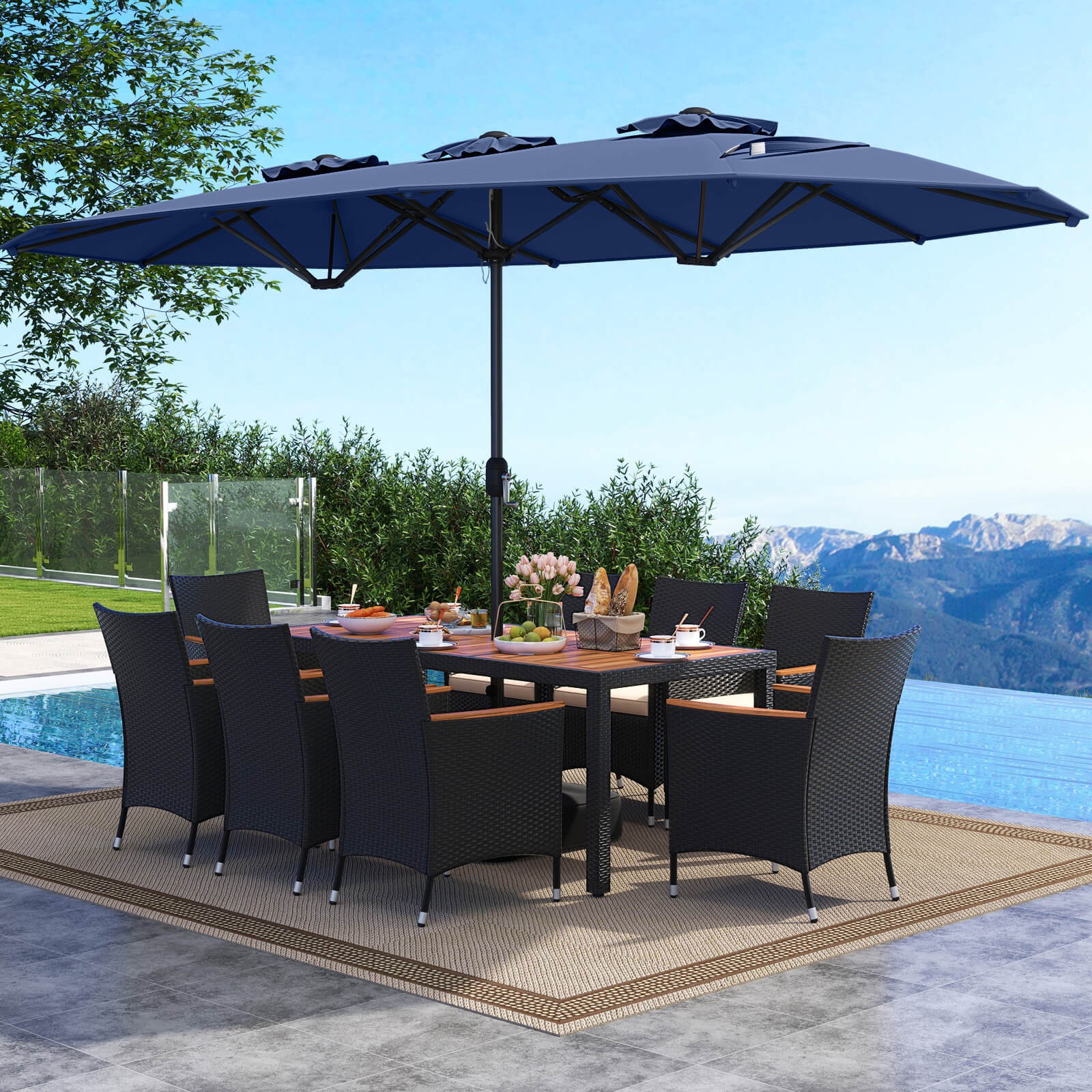 11PCS Patio Wicker Dining Set w/Double-Sided Outdoor Umbrella 8 Stackable Chairs