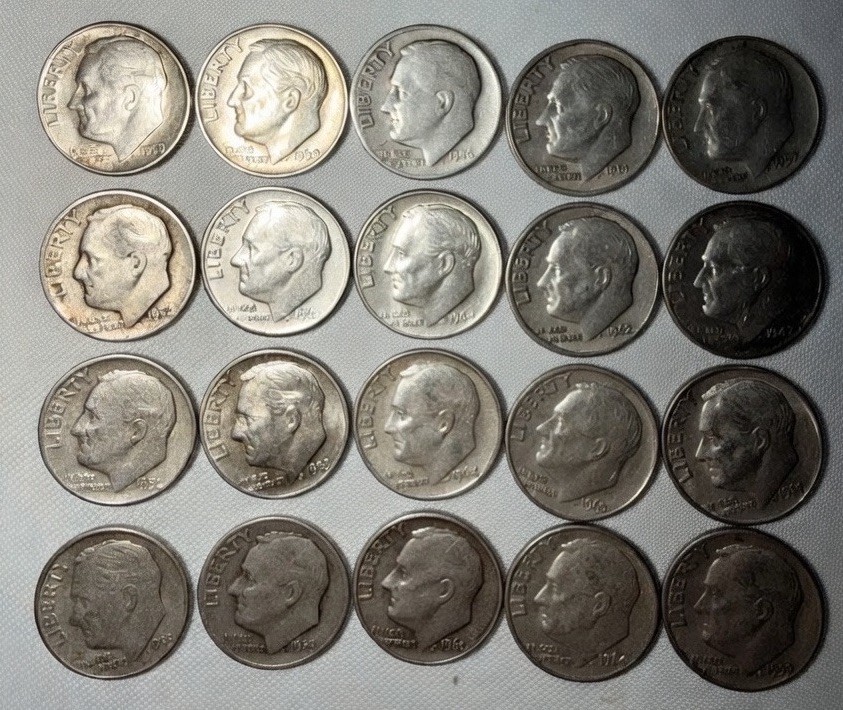(Lot of 20) Circulated Roosevelt Dimes - 1.5 Troy Ounces Silver. Random Pre-1965