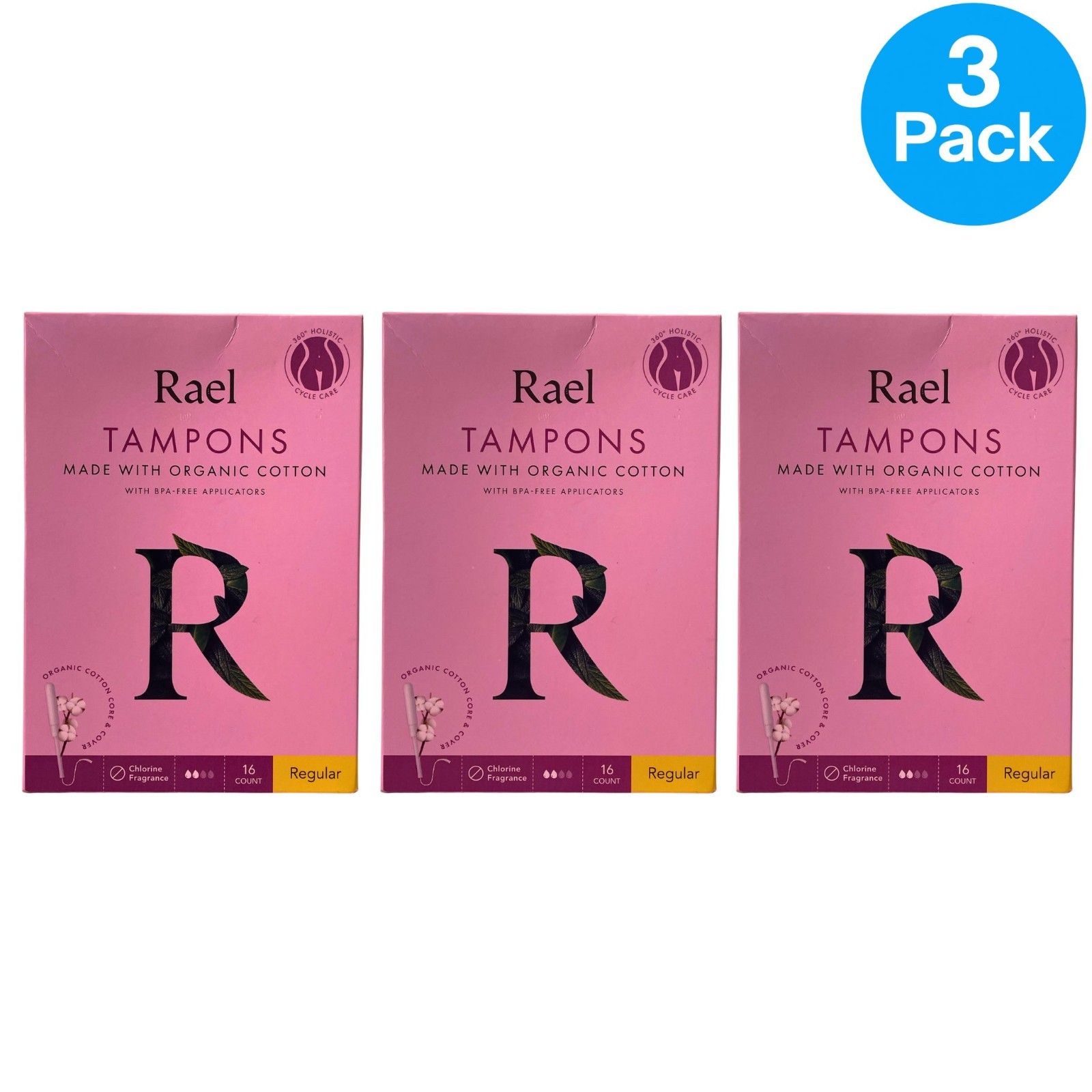 Rael Organic Cotton Tampons Regular 16 Ct 3 Pack New