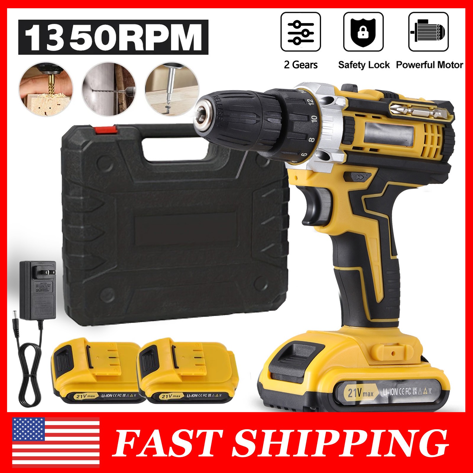 21V Cordless Hammer Drill Set Electric Impact Driver Screwdriver with 2 Battery