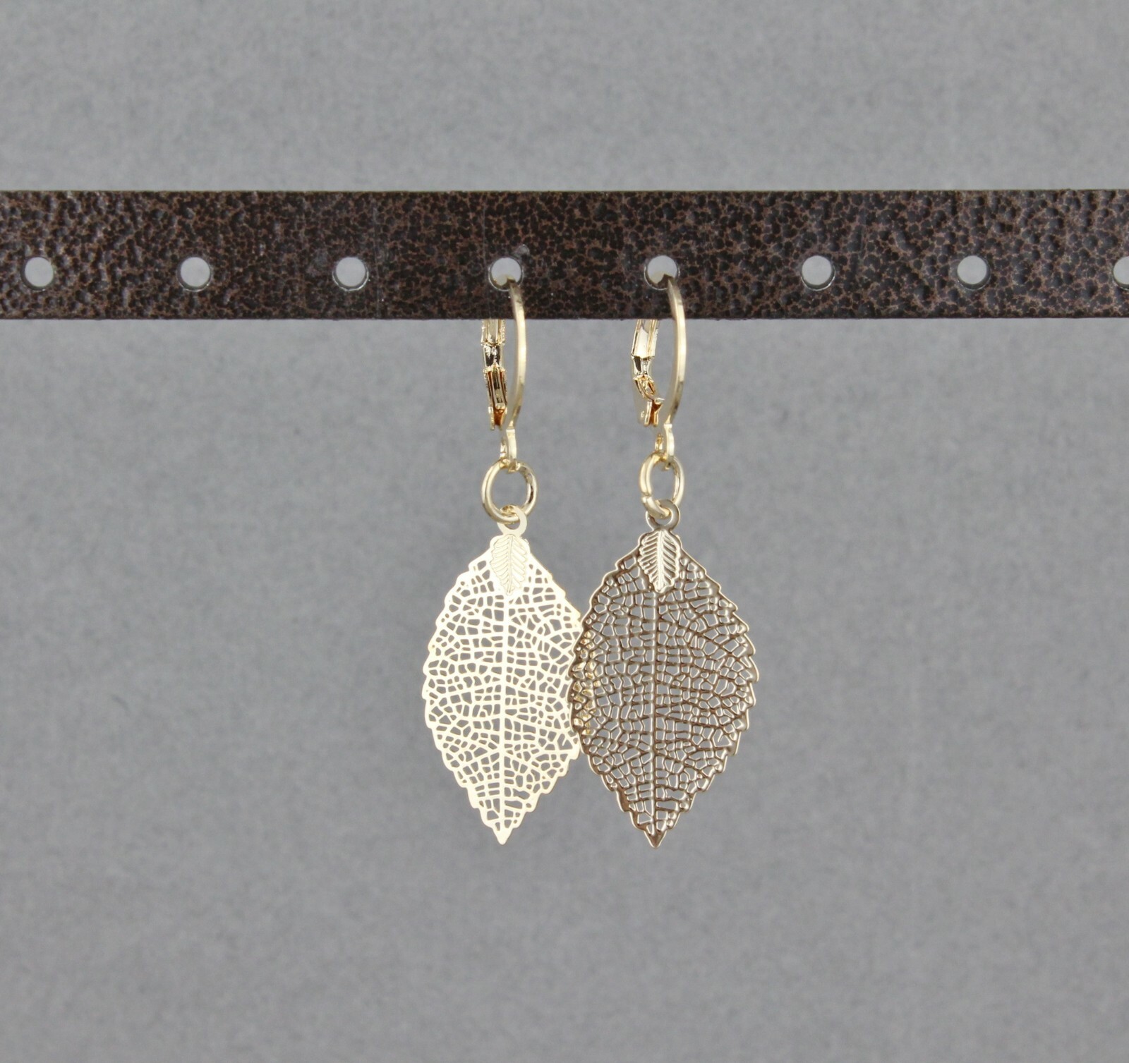 gold leaf earrings small filigree leaves dangle 1.75" long leverback lightweight