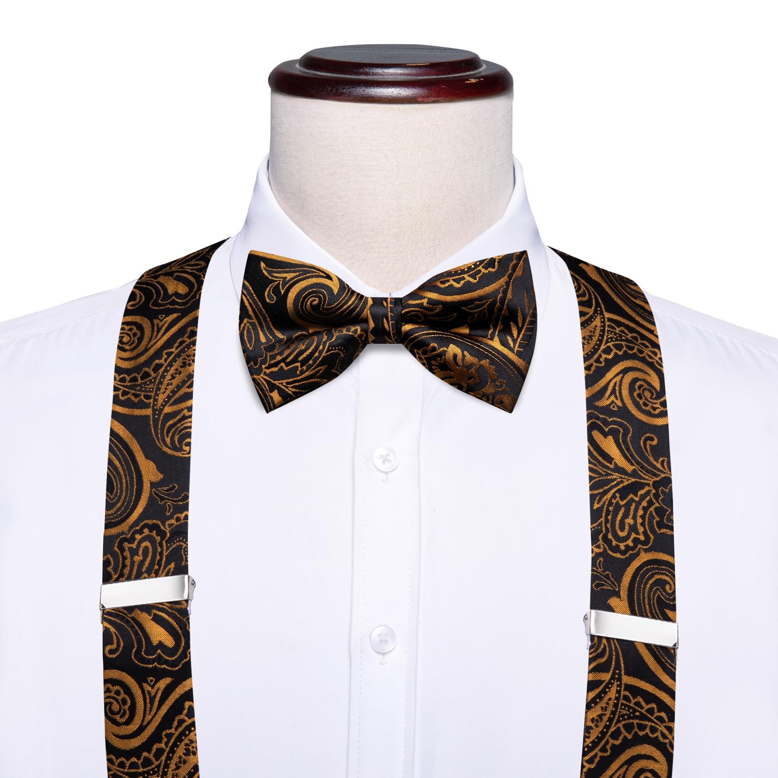 Suspender And Bow Tie For Men Paisley Solid Braces Pretied Hankie Cufflink