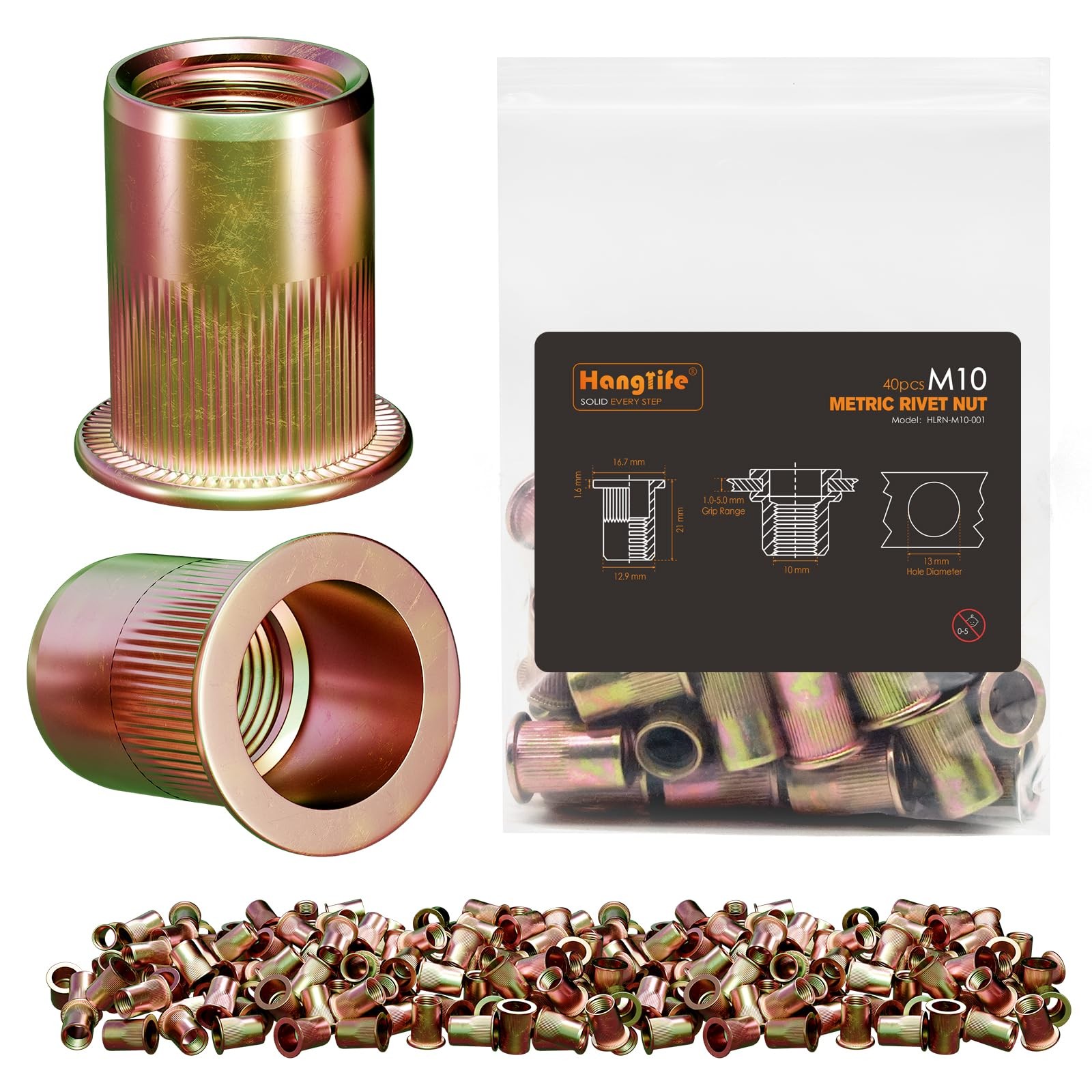 HANGLIFE Rivet Nut, M10 Metric Rivnut - Flat Head x 8mm, M10(40pcs)