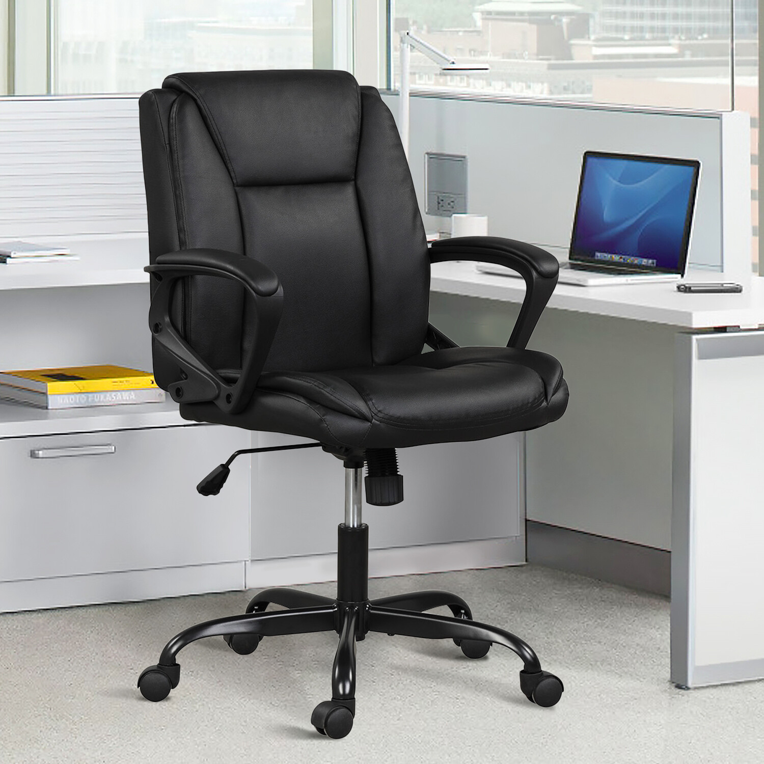 Mid Back Office Computer Desk Chair Ergonomic PU Leather Swivel Executive Chair