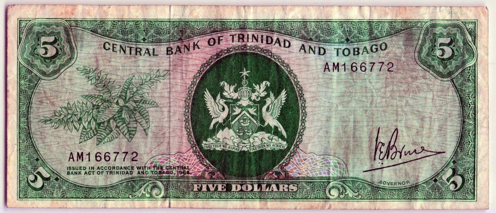 1977 Trinidad and Tobago 5 Dollars Banknote,P-31,Green Vintage World Paper Money