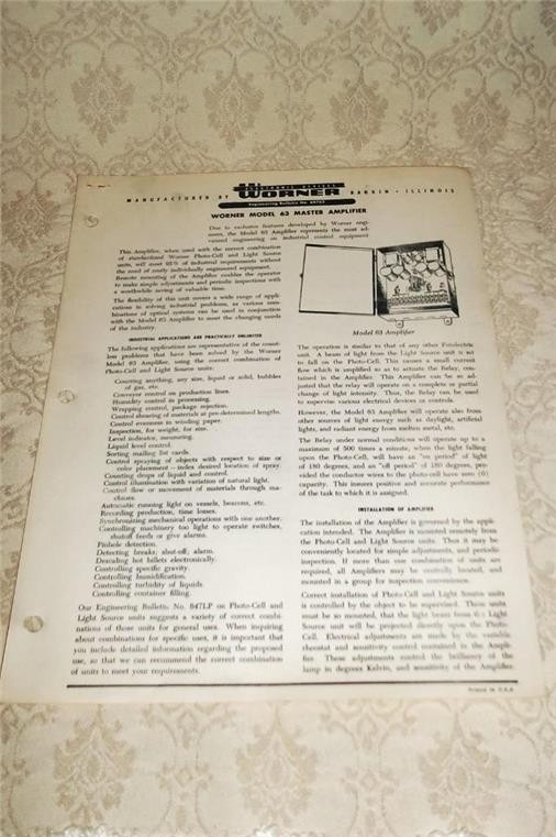 1950's WORNER ELECTRONIC DEVICES MASTER AMPLIFIER ENGINEERING BULLETIN LEAFLET